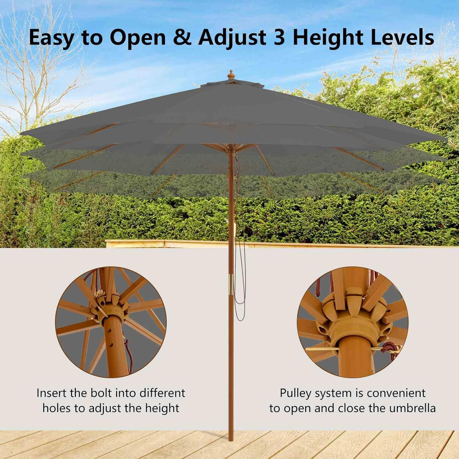 Costway 3M Patio Umbrella, Outdoor Table Market Umbrella with 8 Bamboo Ribs, Pulley Lift and Ventilation Hole, Outdoor Sunshade Umbrella for Poolside, Backyard and Beach - Gray image number 2