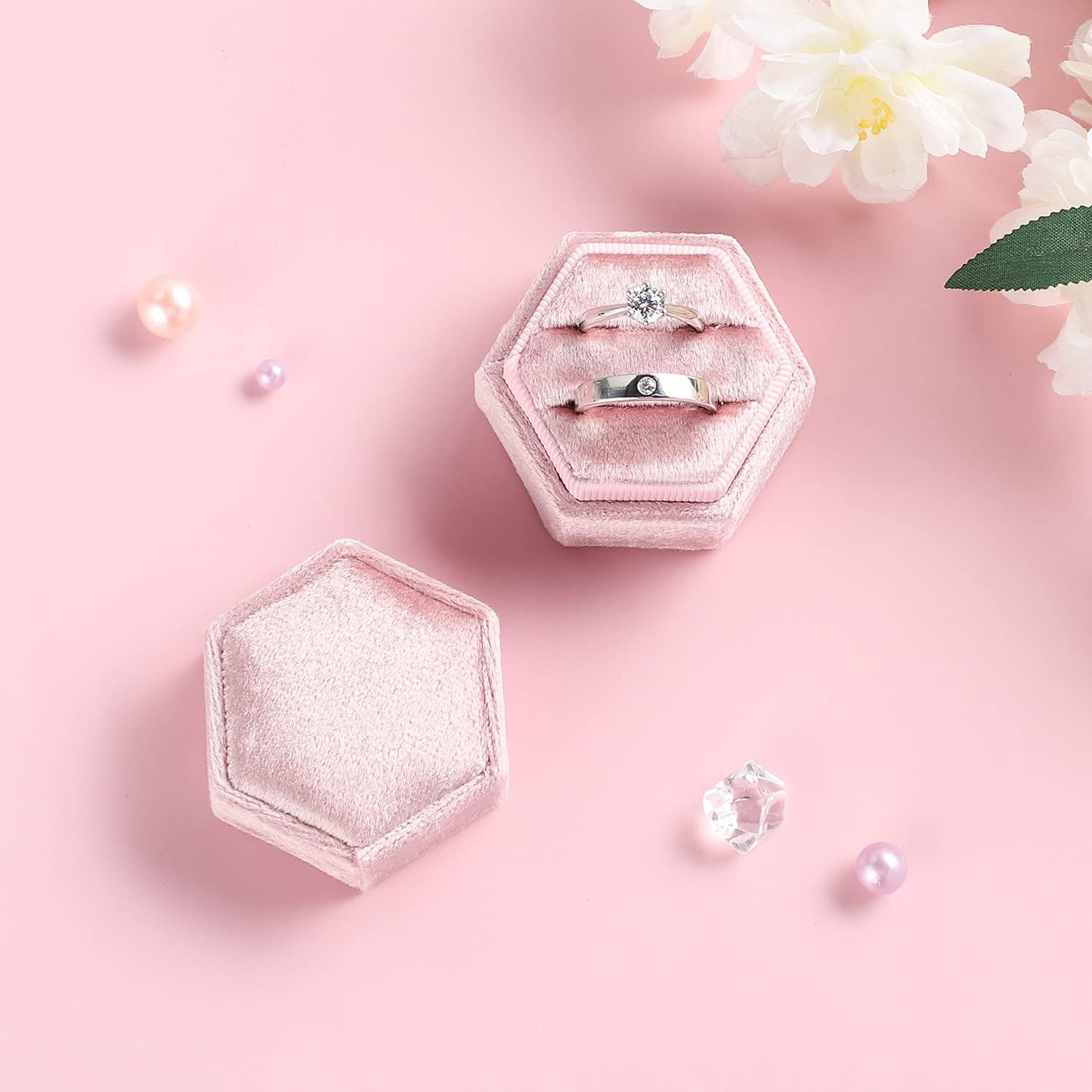 Etercycle Velvet Jewelry Ring Box, Hexagon Premium Gorgeous Vintage Double Ring Gift Box with Detachable Lid for Proposal Engagement Wedding Ceremony(Pink-Purple) image number 2