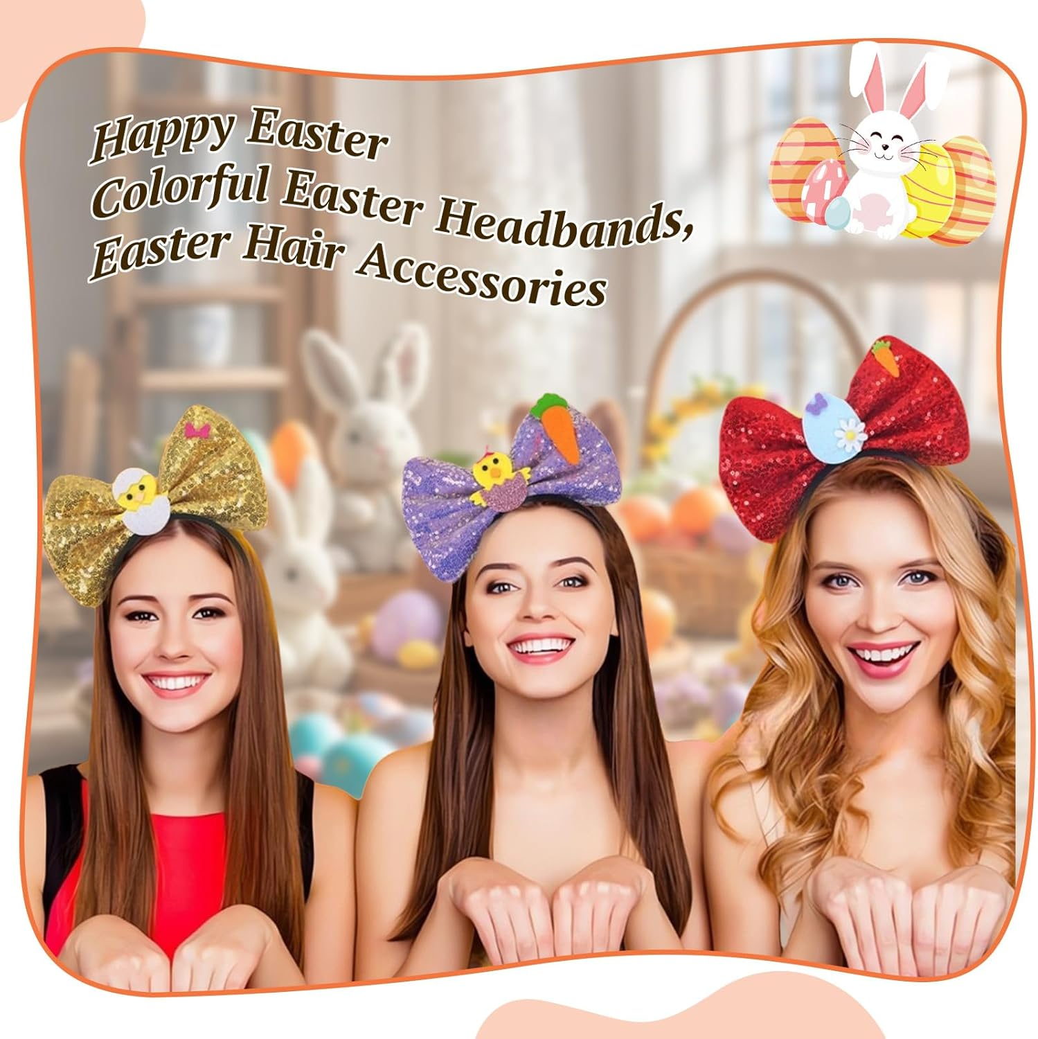 Danolt Pack of 3 Easter Bunny Ears Headband, Rabbit Ears Headband for Women, Girls, Children image number 2