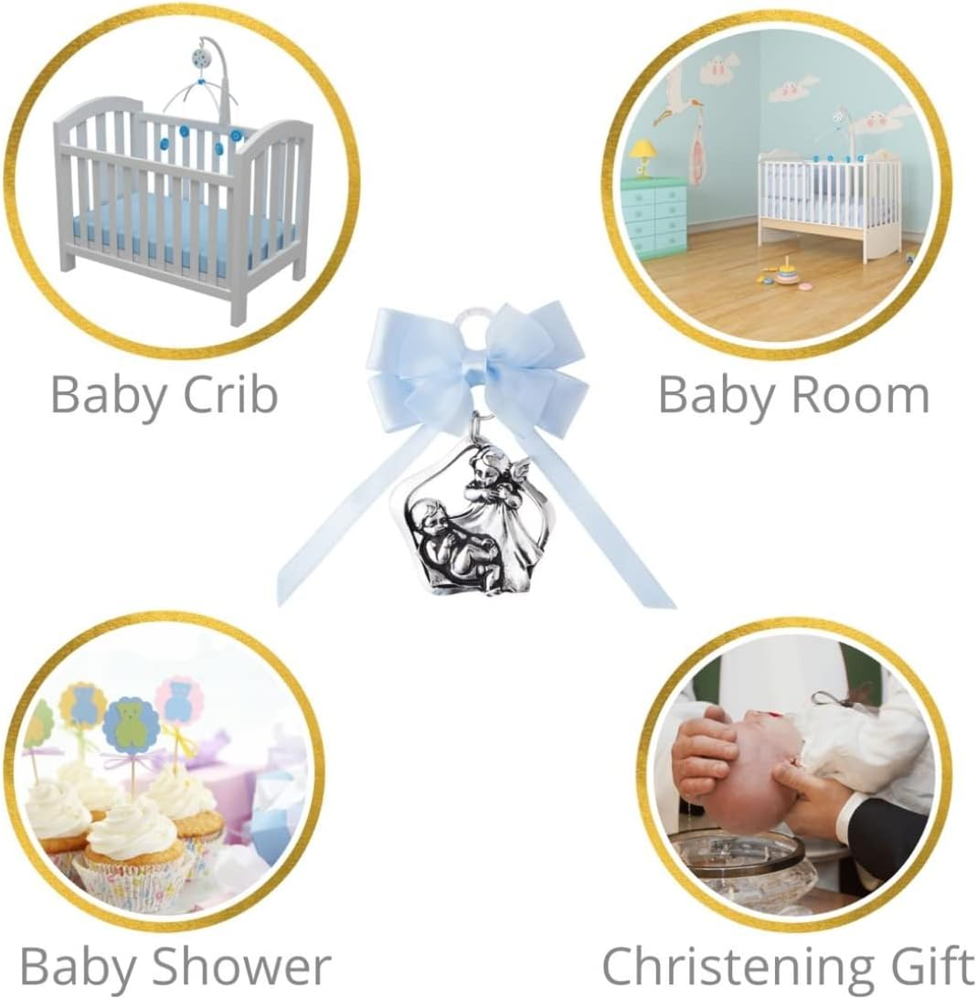 Guardian Angel Crib Medal with Satin Ribbon. Perfect Baptism Gifts for Babies, Christening Gifts for Babies, Baby Shower and Baby Nursery Wall Decor. (Blue Light) image number 1