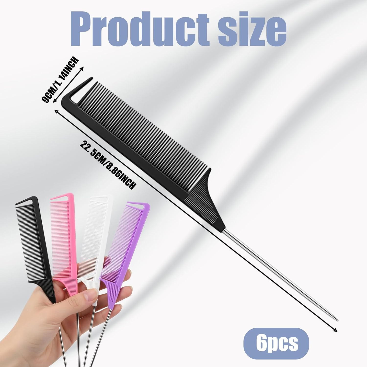 6 Pack Rat Tail Comb, Stainless Steel Pintail & Heat Resistant Carbon Fiber Teasing Comb for Women - Hair Parting, Styling, Backcombing(Black, White, Pink, Purple) image number 6