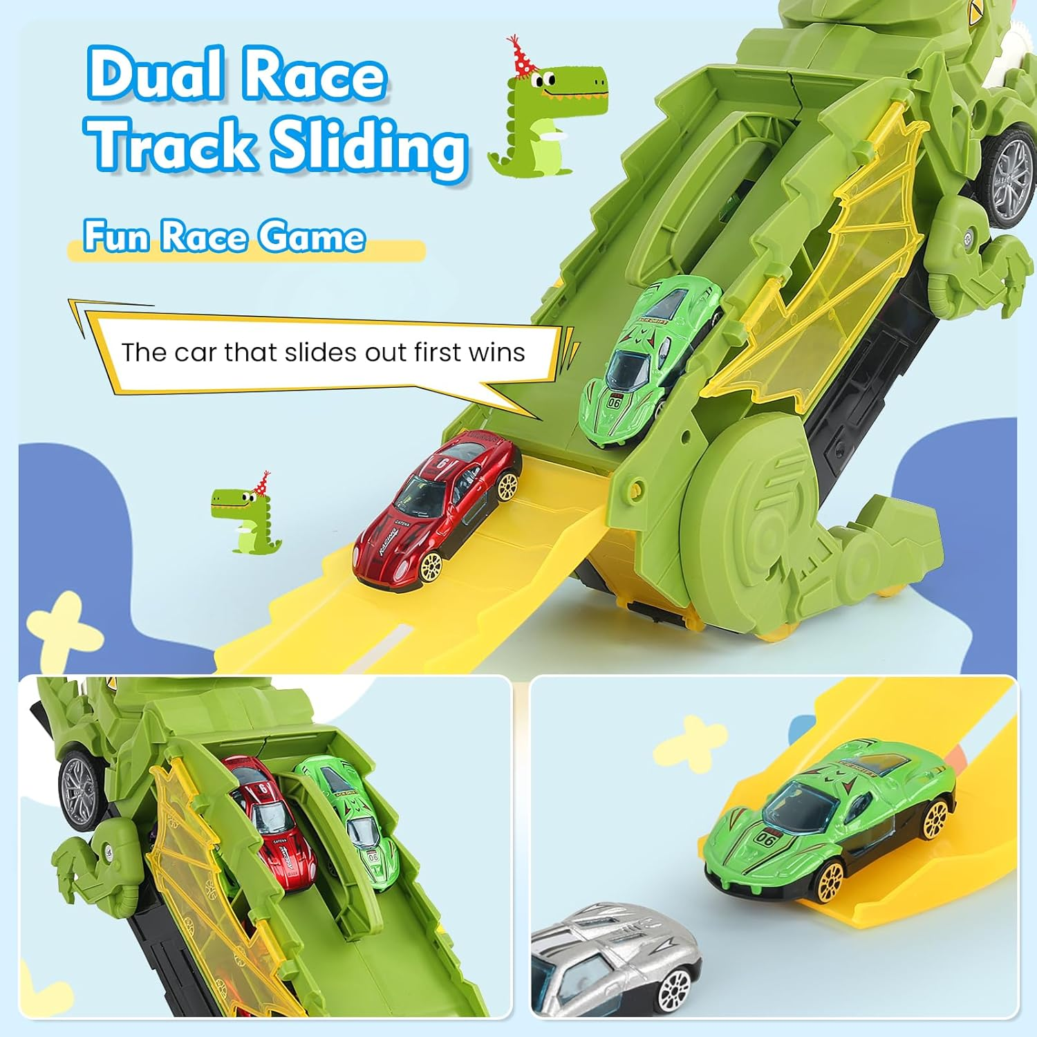 Dinosaur Truck Toy for Kids, Transforms into Triceratops with Race Track Set, City Dinosaur Transporter with 8 Toy Vehicle for Kids Boys over 3 Years Old image number 1