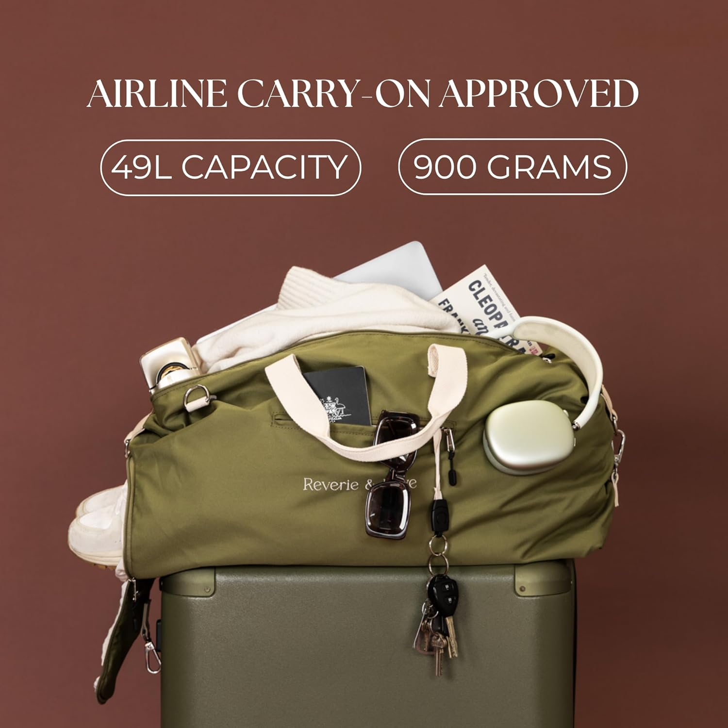 Reverie & Rove All-In-One Travel Duffle Bag &ndash; Large 49L Duffel Gym Bag, Weekends, Carry-On, Versatile Overnight Bag with Shoe Compartment & Padded Laptop Sections &ndash; Durable & Stylish (Olive Green) image number 1