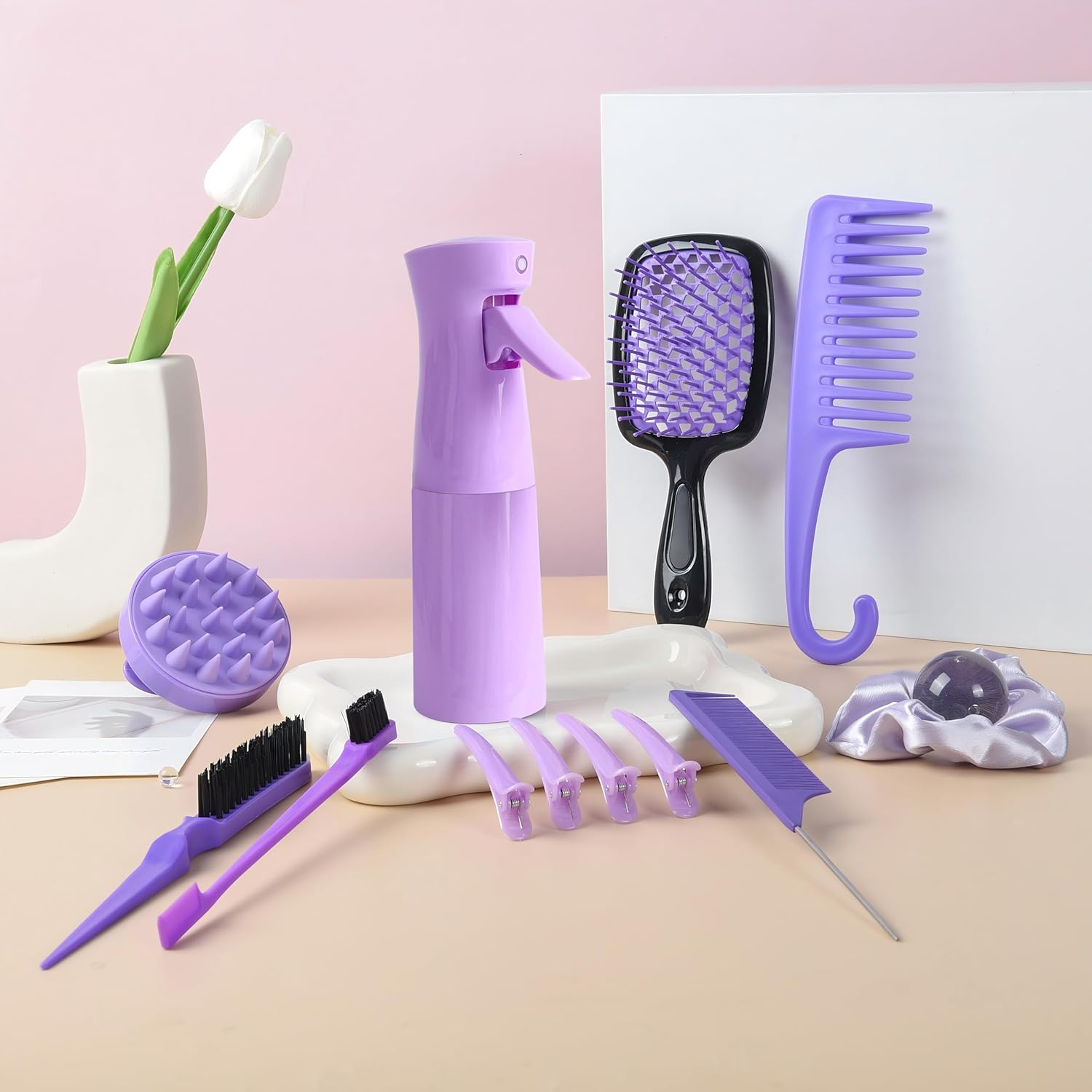 12 Pcs Hair Brush Set with Continuous Hair Spray Bottle for Women, Rat Tail Combs for Toddlers, Soft Scalp Massager, Detangling Hairbrush for Wet Dry Curly Hair (Purple) image number 1