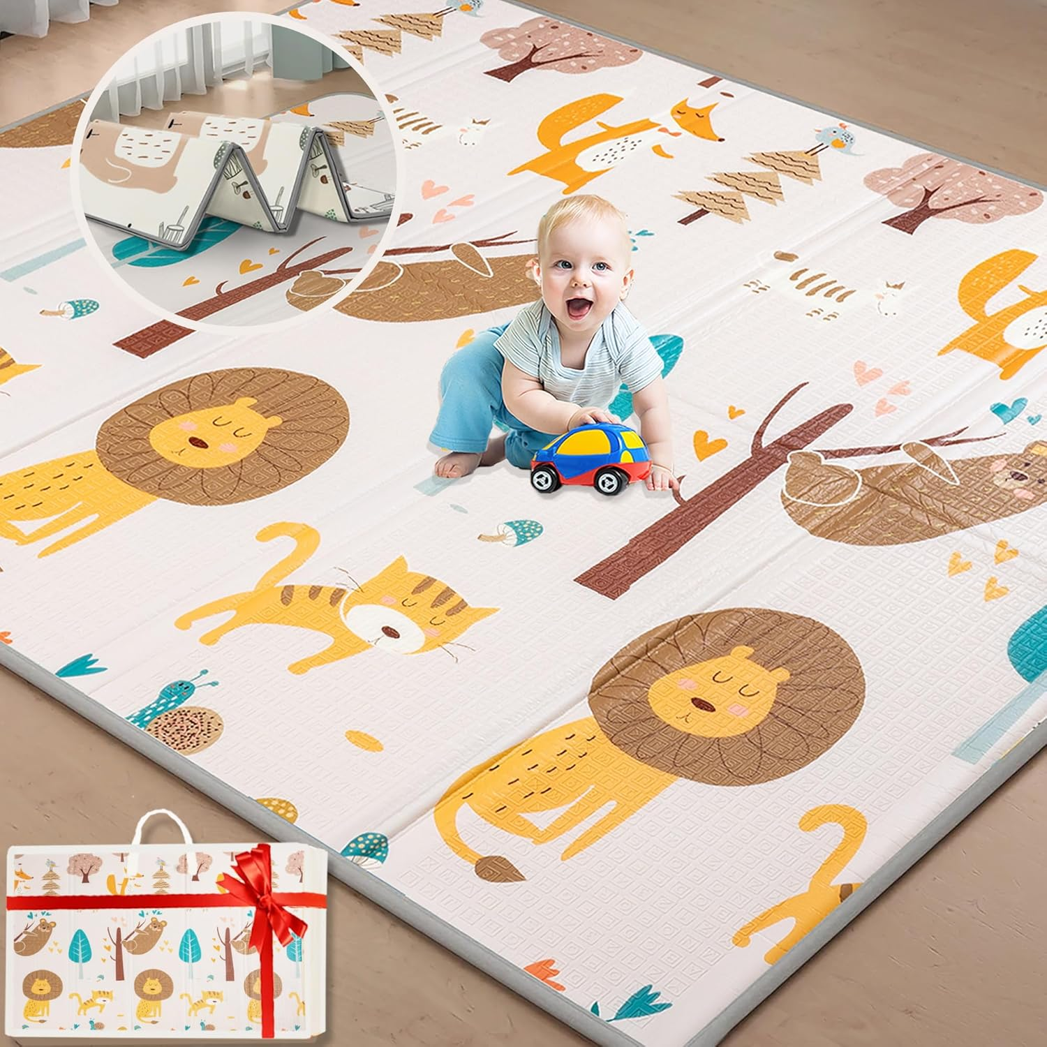 Baby Play Mat, 200 * 180Cm Large Thick Playmat, Folding Portable Waterproof Reversible Double-Sided Crawling Play Mat, Baby Floor Mat for Infants and Toddlers, Easy to Clean (71 * 79 * 0.4In-Bear) image number 5