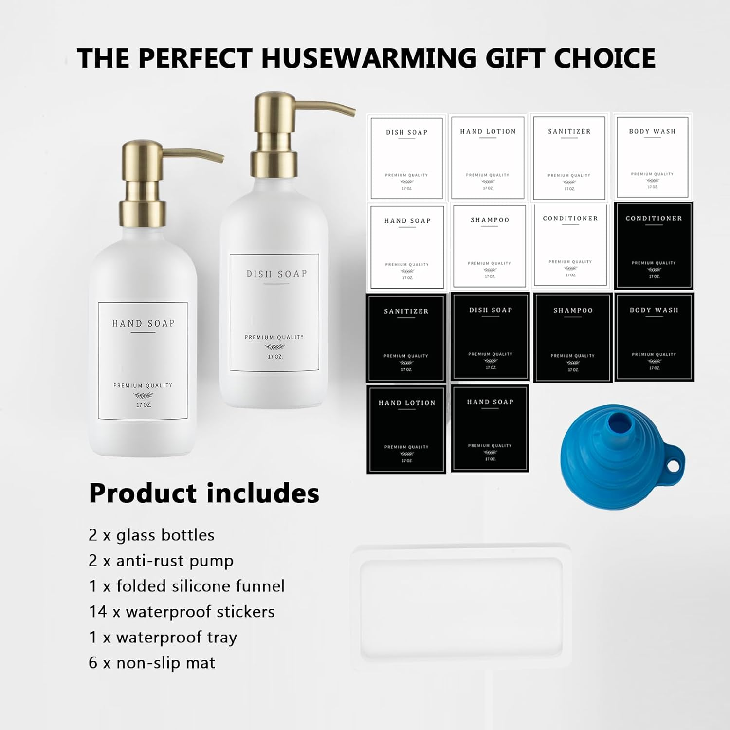 Thick Glass Soap Dispenser - Kitchen Dish Hand Soap Dispenser Set,Rustproof Pump Soap Lotion Dispenser Bathroom with Tray,14 Stickers for Kitchen Decor White Bottle/Gold Pump - Amber Bottle/Black Pump + Tray + Funnel image number 2