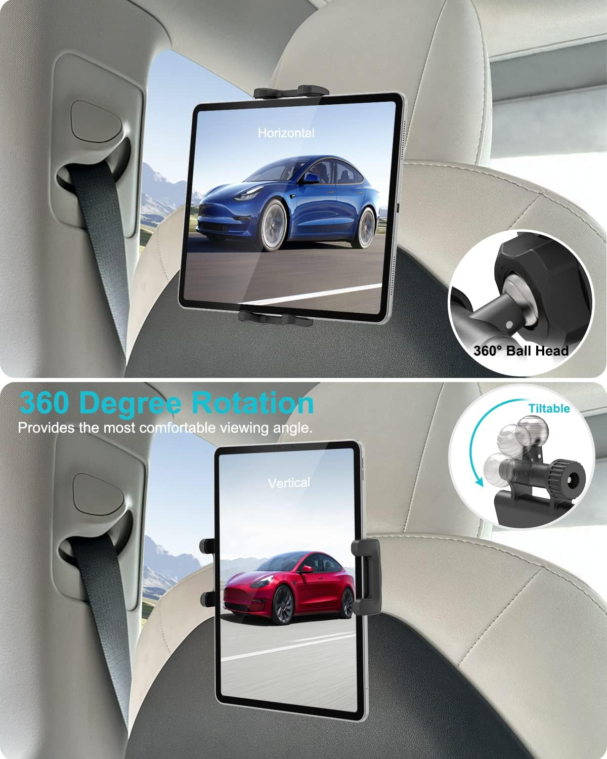 Tesla Headrest Tablet Mount for Model 3/Y, EXSHOW 360&deg; Adjustable Back Seat Ipad Phone Holder, Car Road Trip Essentials Stand for Kids, for 4-12.9" Ipad Pro Air Mini, Galaxy, Fire Hd, Iphone
