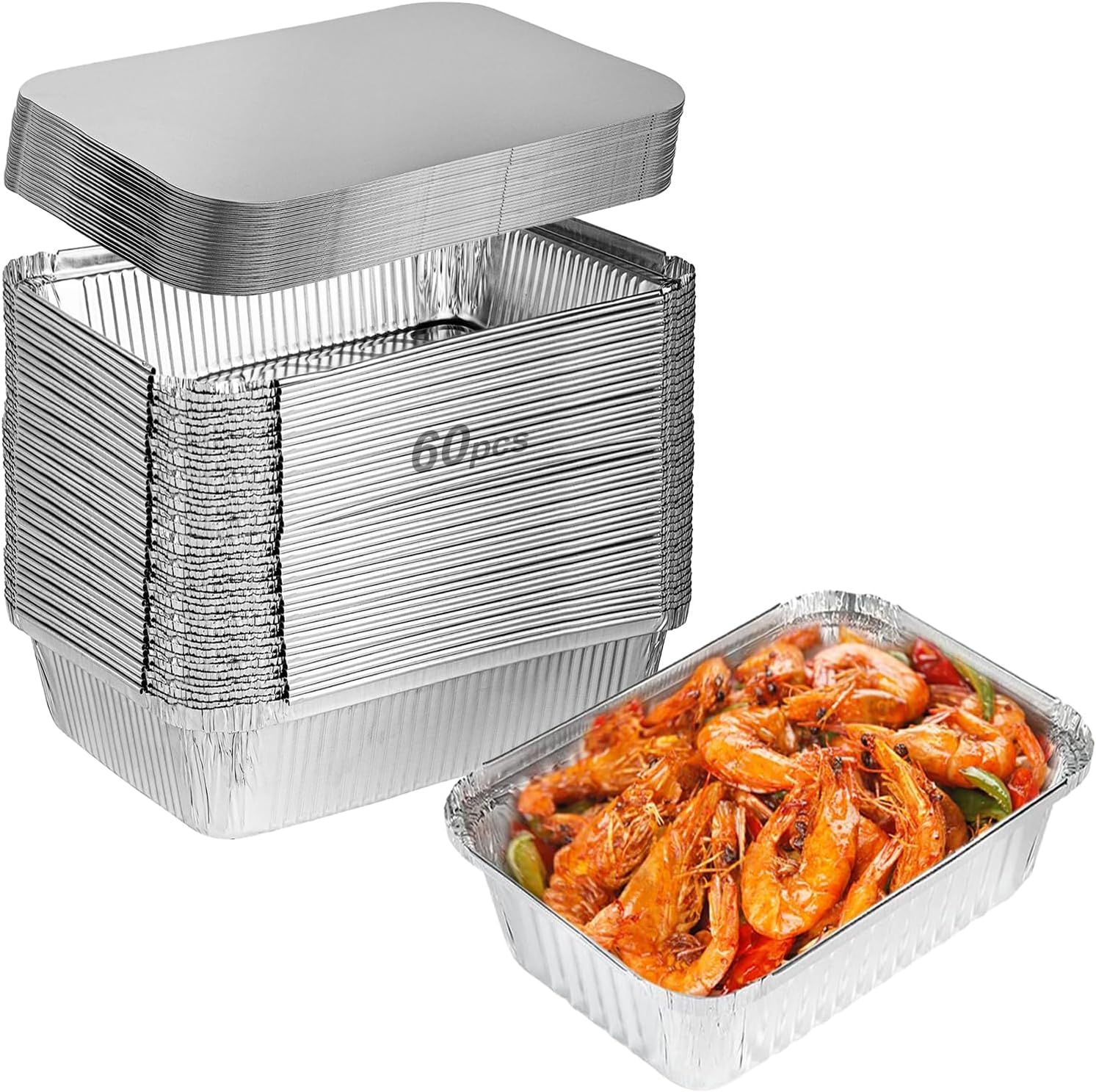 60 PCS Foil Trays with Lid, 20X11X5.5Cm Aluminium Foil Pan Foil Food Containers, 60 Pans and 60 Cardboard Covers, Tin Foil Pans for Baking, Meal Prep, Freezer and Takeout
