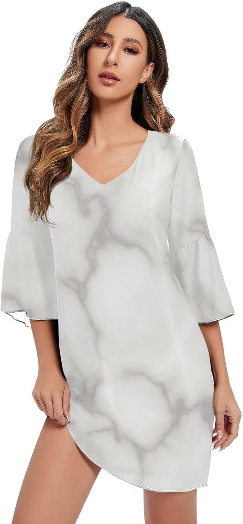 Marble Grey Elegant V Neck Dress Printed Line Maternity Dress