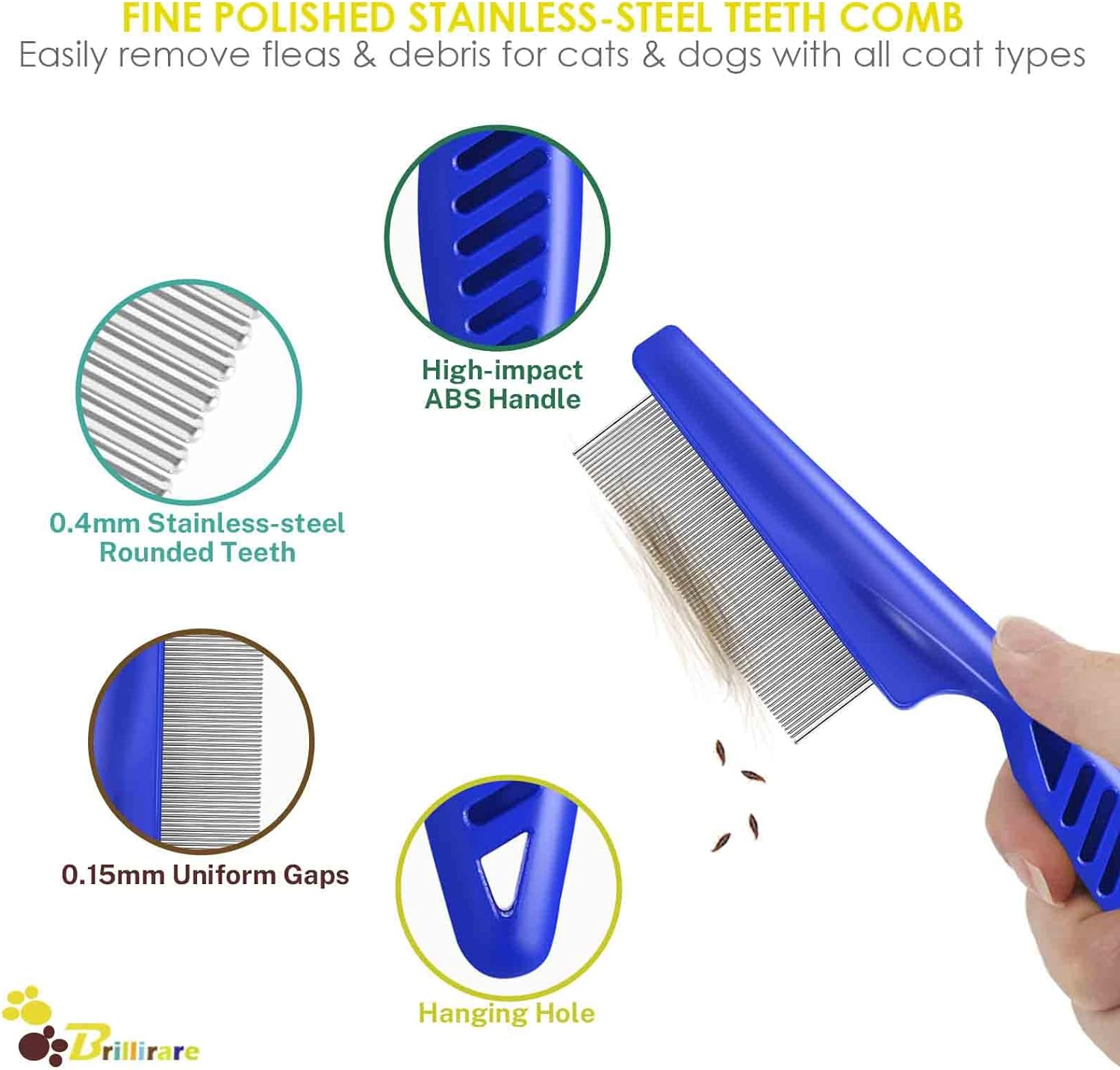 Brillirare 4 Pack Flea Lice Comb, Stainless Steel Dog Cat Grooming Combs with Rounded Teeth, Double Sided Professional Pet Tear Stain Remover, Dematting Tool for Small, Medium & Large Pets image number 2