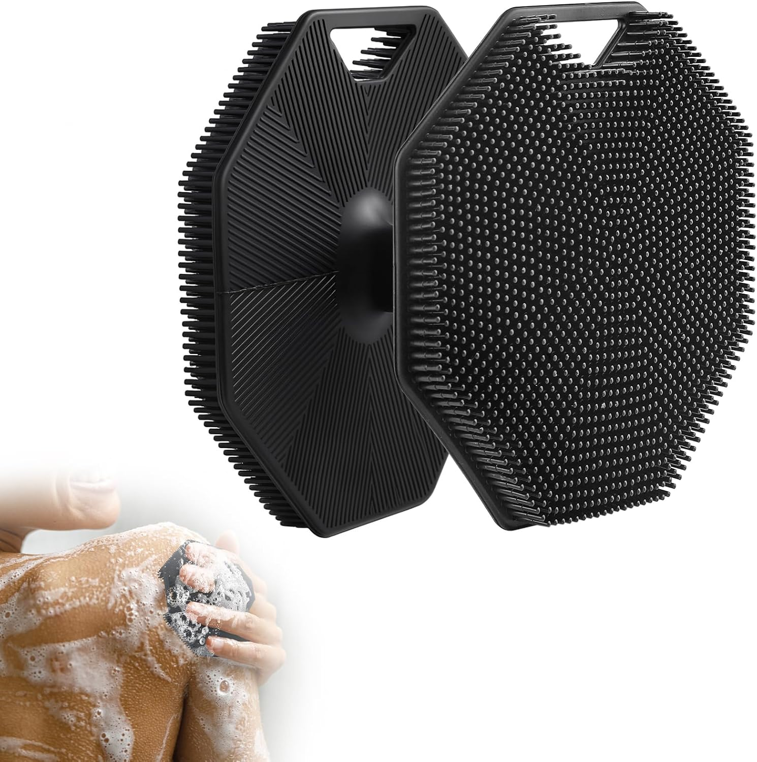Ergonomic Handle Silicone Scrubber - Facial & Back Exfoliator, Long-Lasting Easy-Clean Design with Lather Boosting Bristles, Compact 22X15X4Cm Body Scrubber for Shower & Spa (Black) image number 5