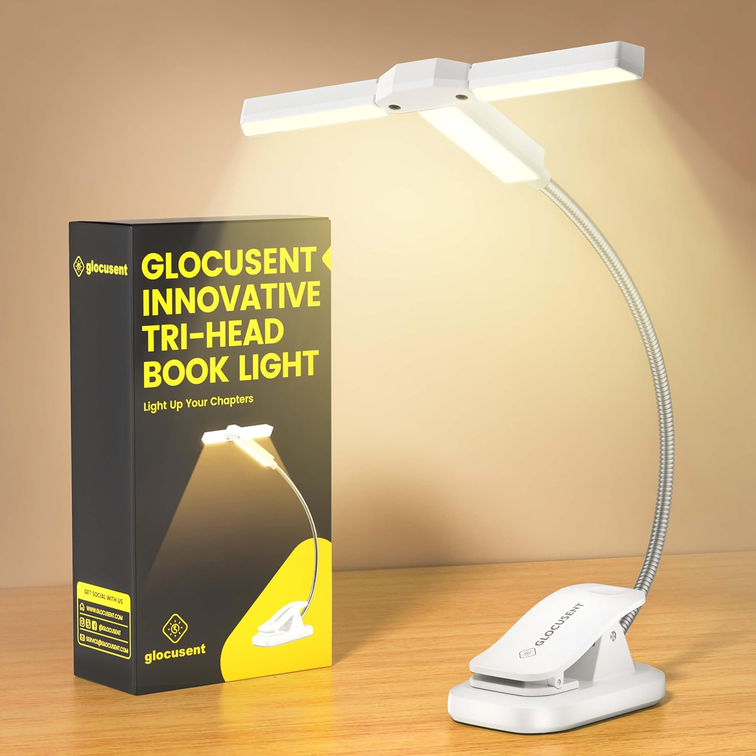 Glocusent Innovative Tri-Head Book Light for Reading in Bed, 3 Colors & 5 Brightness Levels, 1000Mah Rechargeable Reading Light with 30-Min Timer, 10-100Hrs, Partner Friendly, Perfect for Book Lovers image number 4