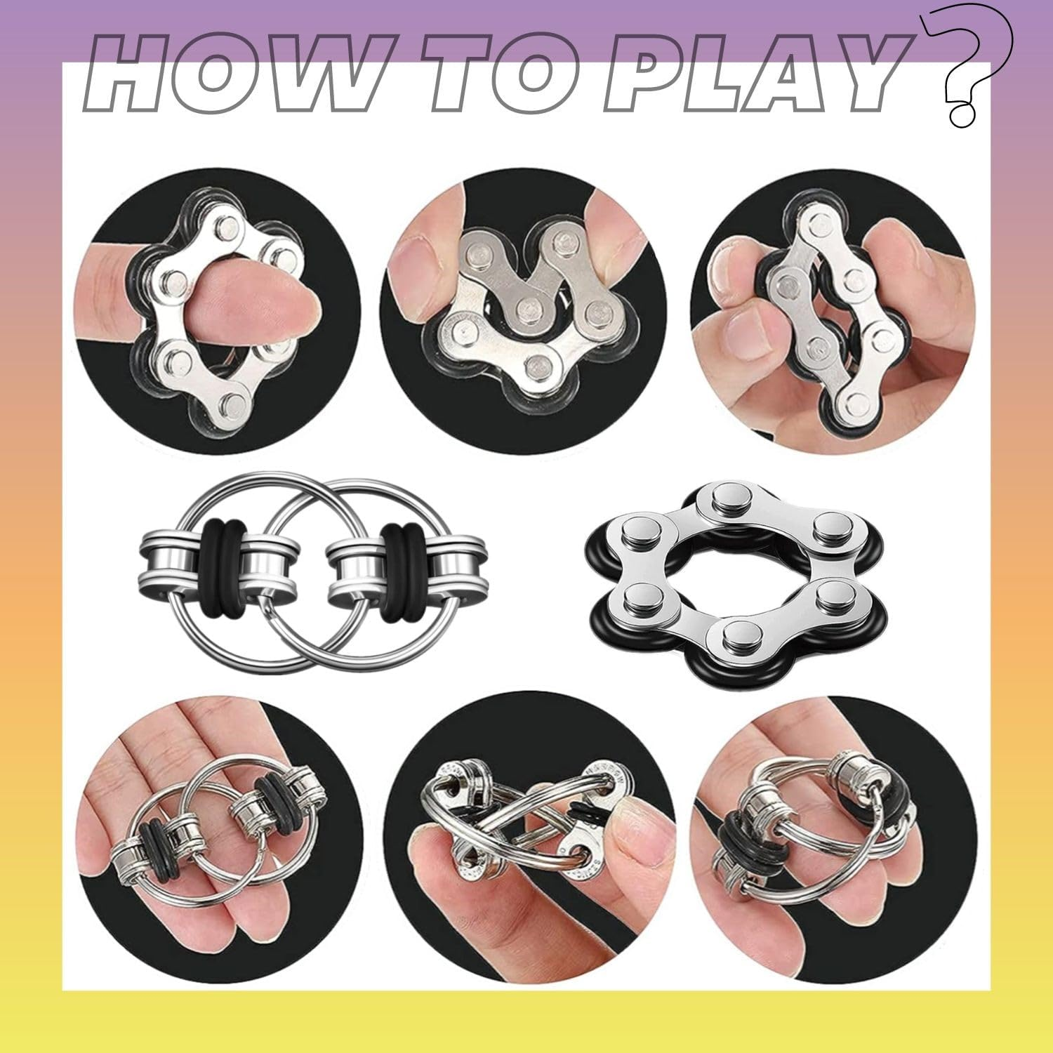 6-Piece Fidget Toys Set, Six Roller Chain & Key Flippy Chain, Acupressure Ring, Anti-Stress Toy for Adults and Children (Black) image number 1