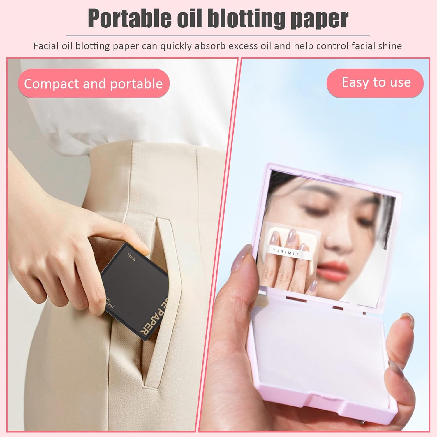 Sgphrzlt 1000Pcs Oil Blotting Absorbing Sheets for Face with Puff & Mirror, Powerful Makeup Blotting Absorption Paper for Oily Skin, Oil Control Film Absorbent Pad Wipes for Face, Black - Pink image number 5