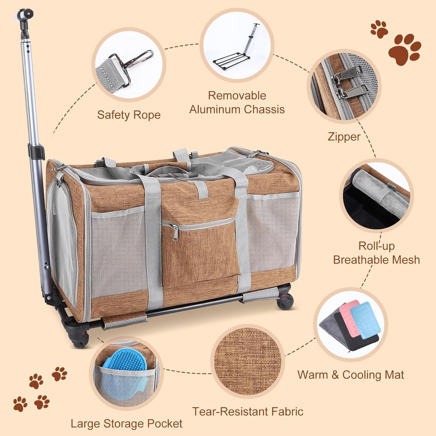 PANTREE Cat Carrier Soft with Wheels, Double Compartment Foldable Rolling Cat Carrier for 2 Small Cats and Dogs, Fully Breathable for Traveling/Hiking/Camping/Veterinary Visits (Brown) image number 5