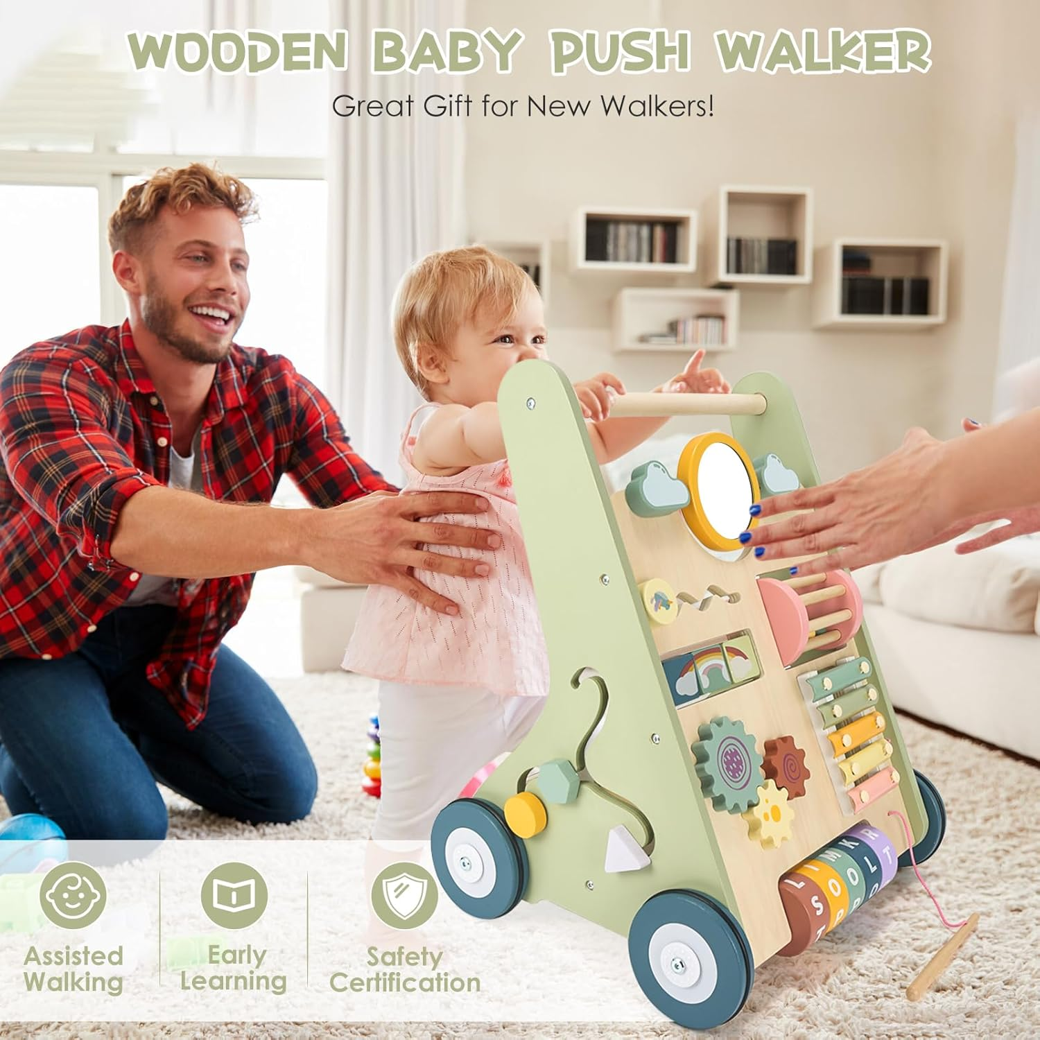 Baby Push Walker, Wooden Baby Walker with Wheels, Montessori Push Walker for Babies 6-12 Months, Push Walking Toys for Boys&Girls 1 Year Old, Gifts for Toddler image number 2
