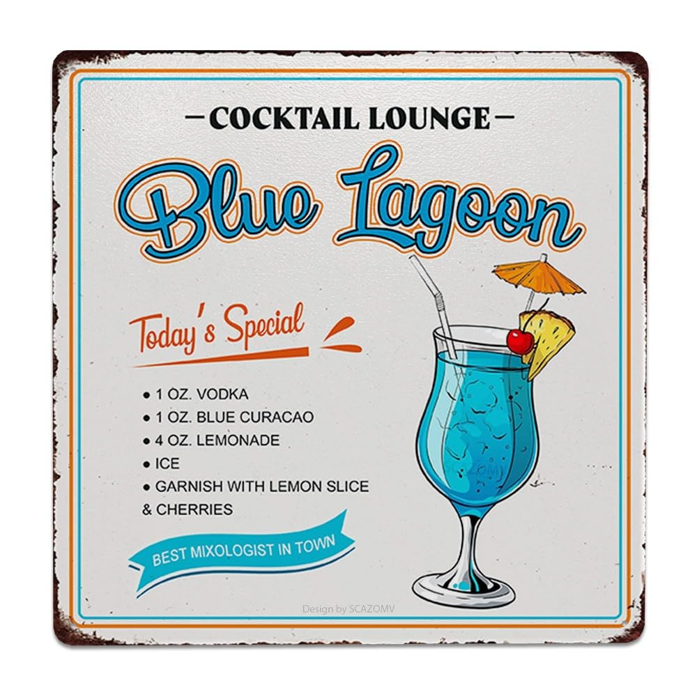 Cocktail Poster Vintage Metal Signs, Blue Lagoon Cocktail Recipes Tin Sign Decoration Bar Accessories Hanging Crafts Home Kitchen Pub Man Cave Wall Art Decor 8X8 Inch - Color060703 image number 4