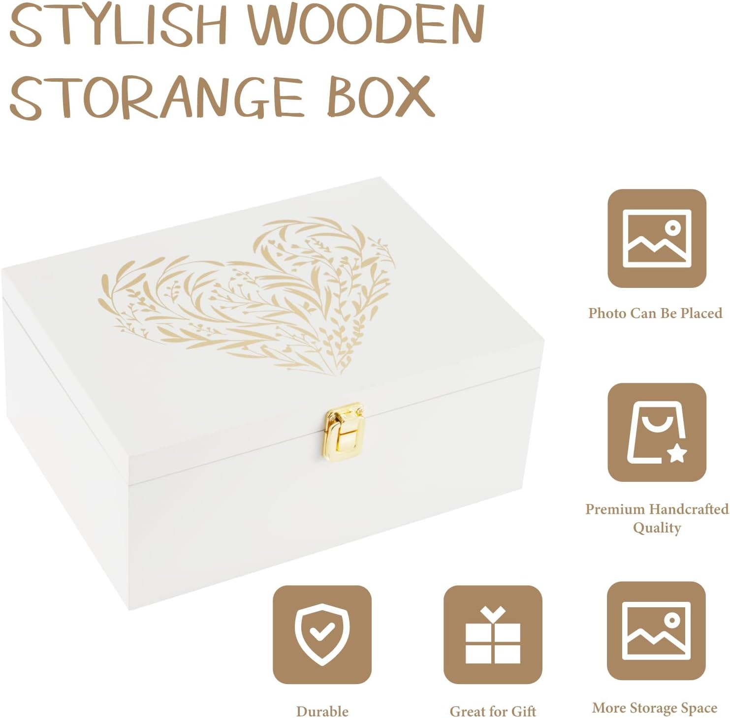 Larger Wooden Memory Keepsake Boxes with Hinged Lids and a Photo Frame inside the Lid - Decorative Storage Box with a Hinge Lids for Picture Letter Time Capsule - 5.3&ldquo;*8.6&rdquo;*11.7&ldquo; Off-White - Black image number 4