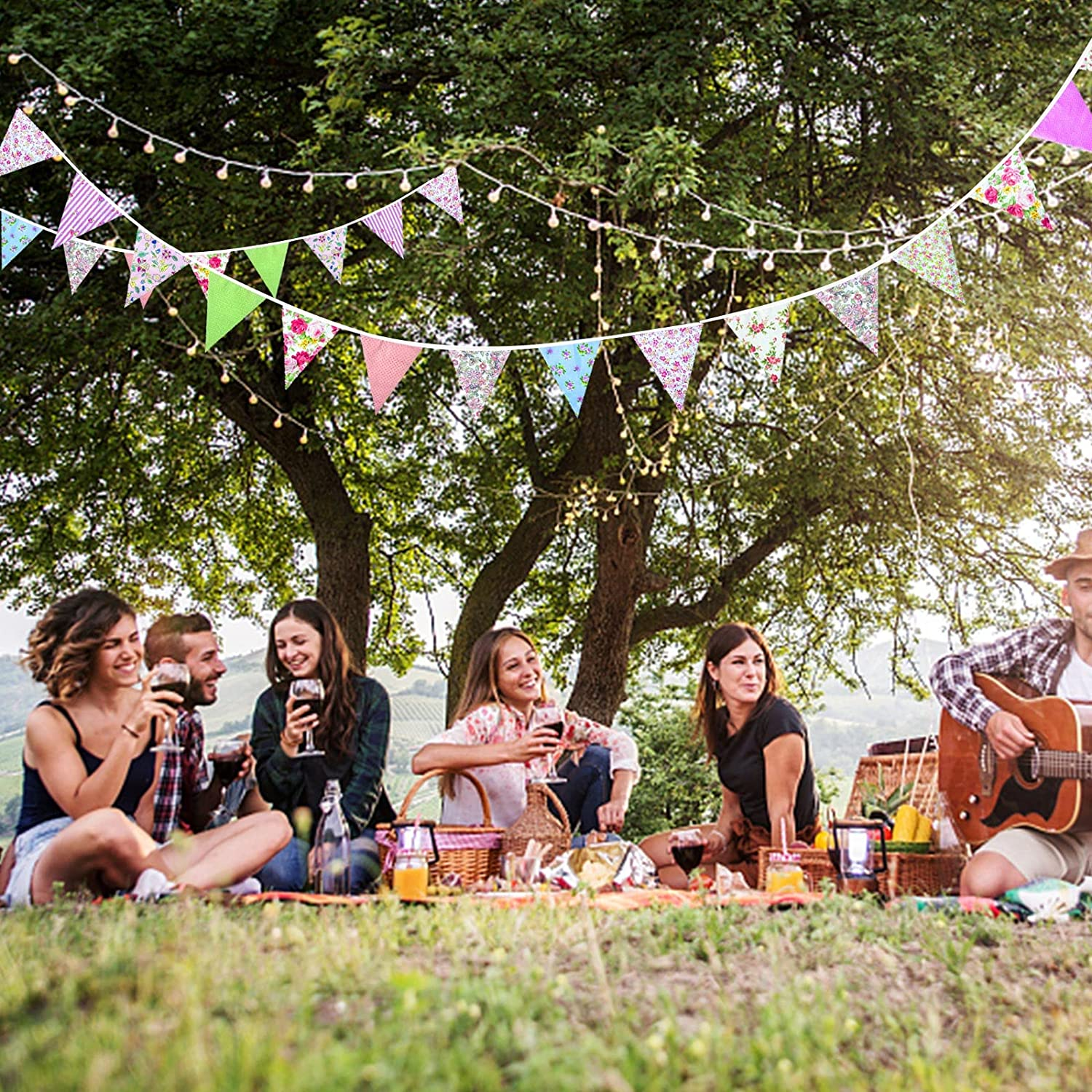 ZCOINS 40Ft/12M Fabric Bunting Banners, 42PCS Floral Vintage Triangle Flags Reusable Cotton Cloth Pennants for Garden Wedding Birthday Party Outdoor Hanging Decoration image number 3