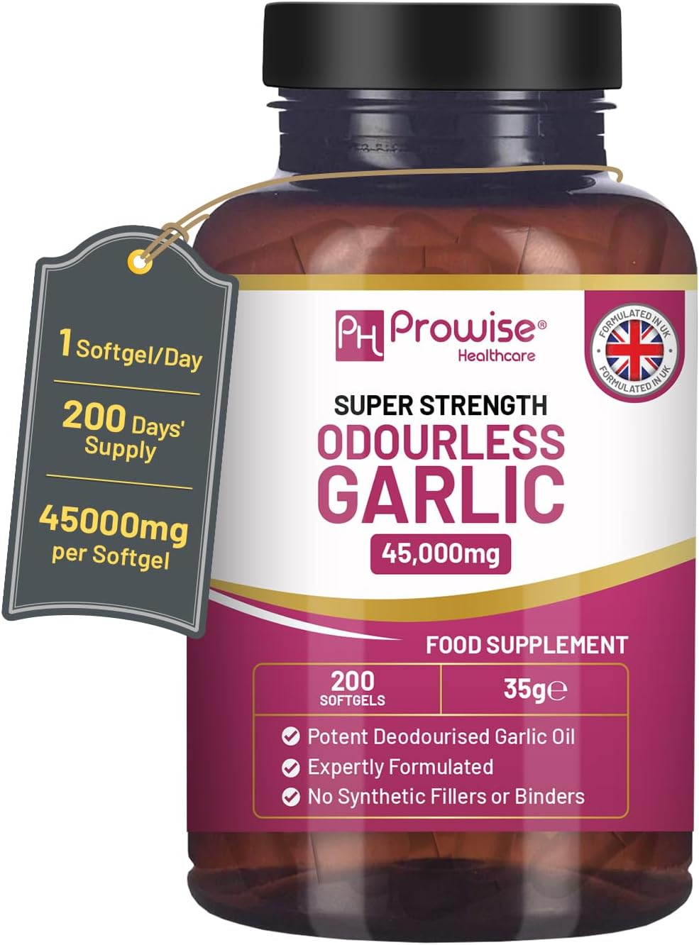 Premium Odourless Garlic Capsules | 45,000Mg per Softgel | 200 Softgels (Not Tablets) Super High Strength | Cold Pressed and Deodourised Premium Garlic Oil Extract from Allium Sativum | 200 Days&rsquo; Supply by Prowise
