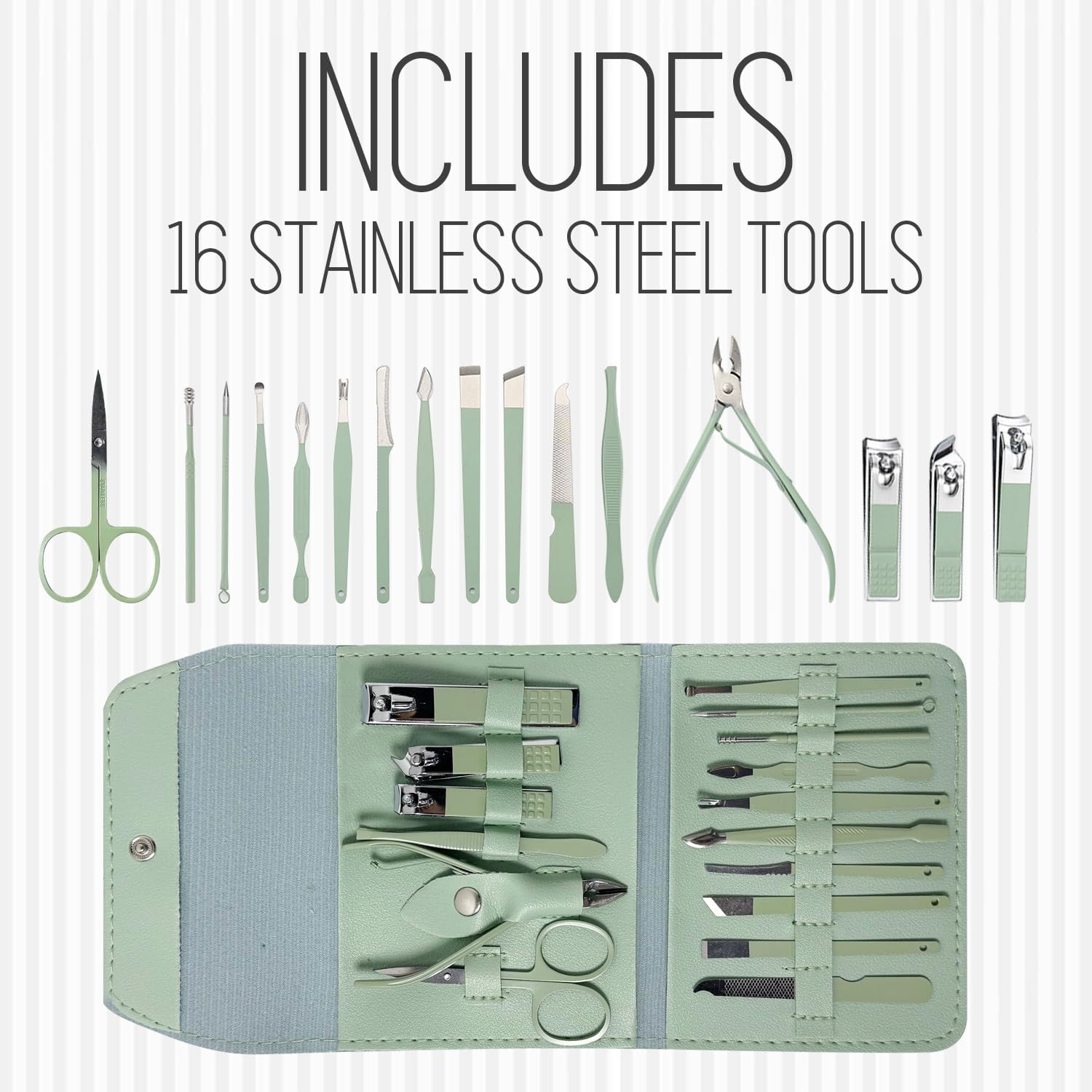 Manicure Set Professional Nail Clippers Pedicure Kit 16Pcs, Portable Stainless Steel Nail Kit Nail Clipper Set Manicure Set, Pedicure Kit Grooming Kit with Brown Leather Case for Men Women (Green) image number 1