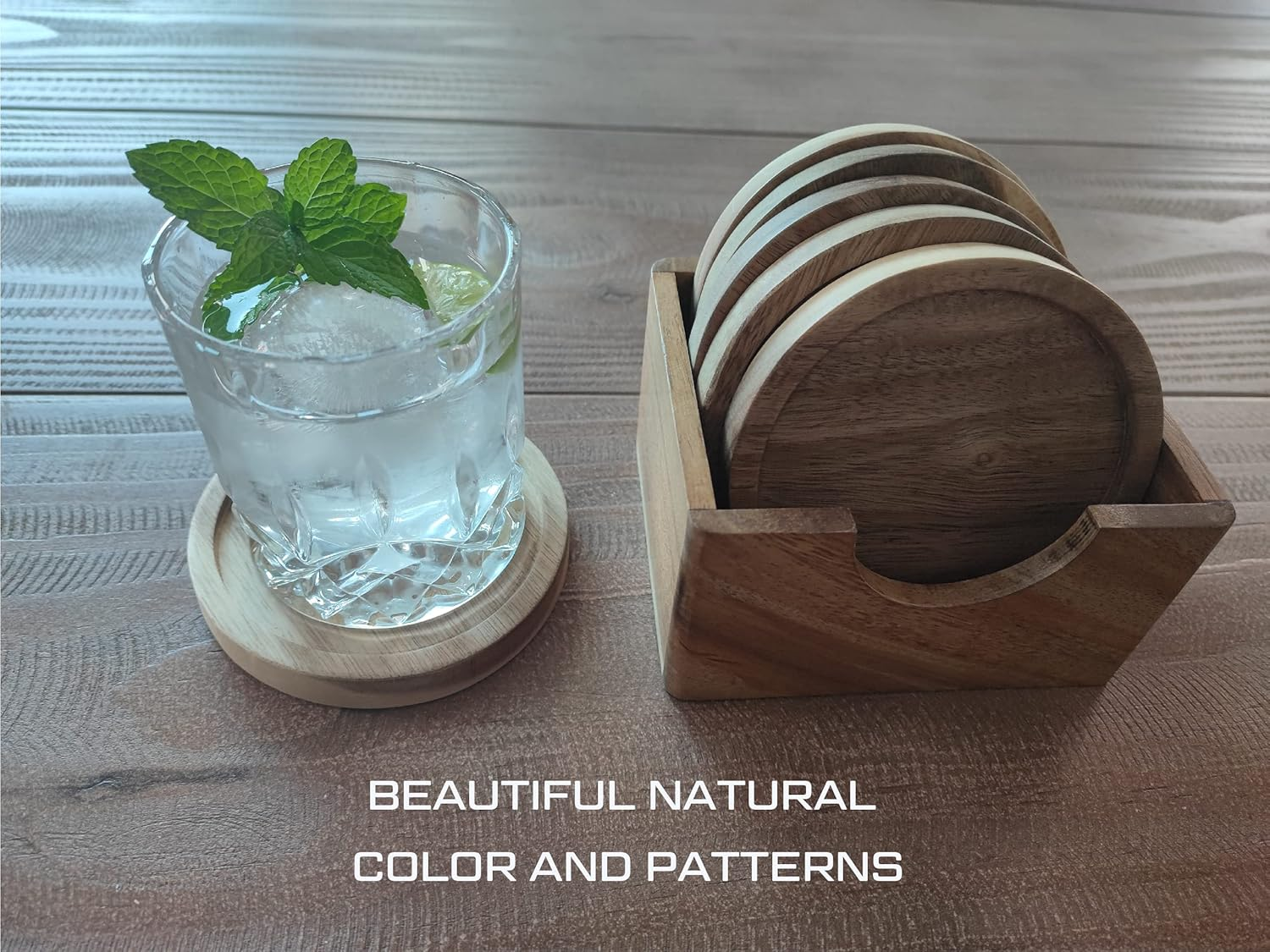 6 Piece Acacia Wood Coaster Set with Holder in a Gift Box, Made from One Pc Solid Acacia Wood, Made in Vietnam. image number 1