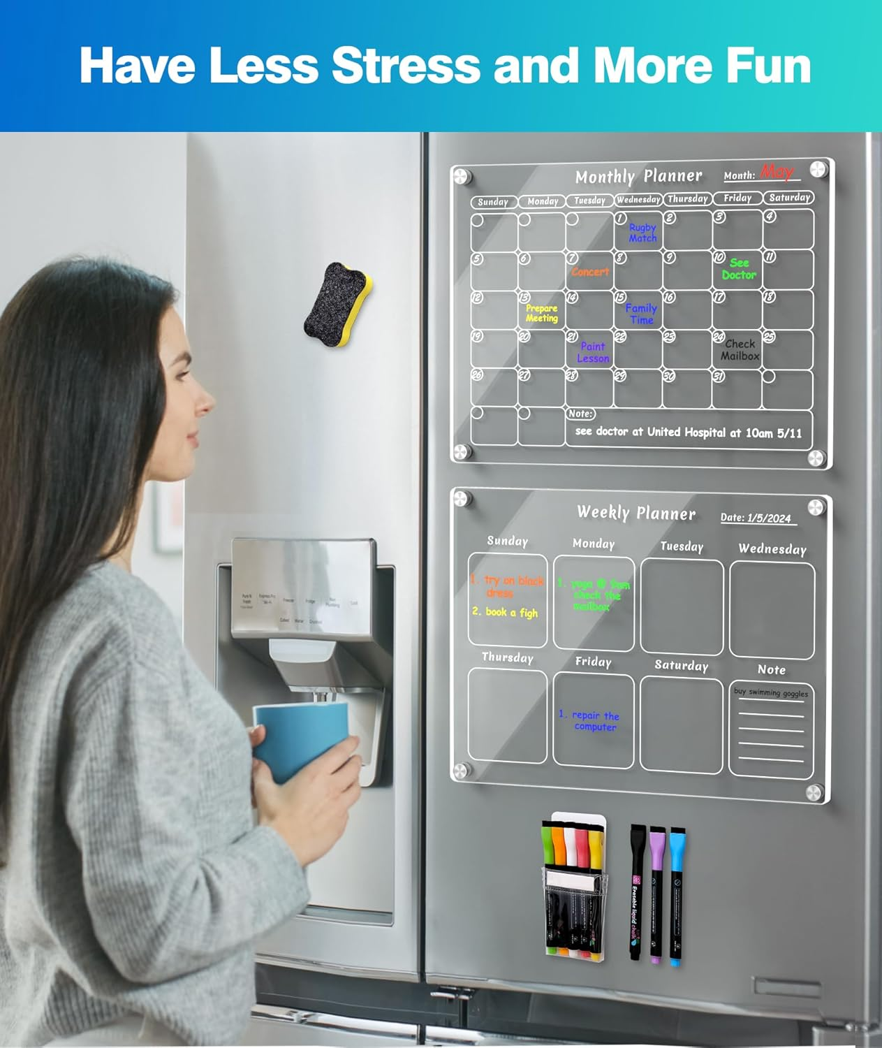 Joiyota Acrylic Magnetic Calendar for Fridge, 2-Pack Clear Dry Erase Monthly & Weekly Reusable Planner/Planning Board for Refrigerator, Includes 8 Markers, Pen Holder & Eraser, 30X40Cm, Popular in USA - Colorful Monthly  Weekly Planner image number 2