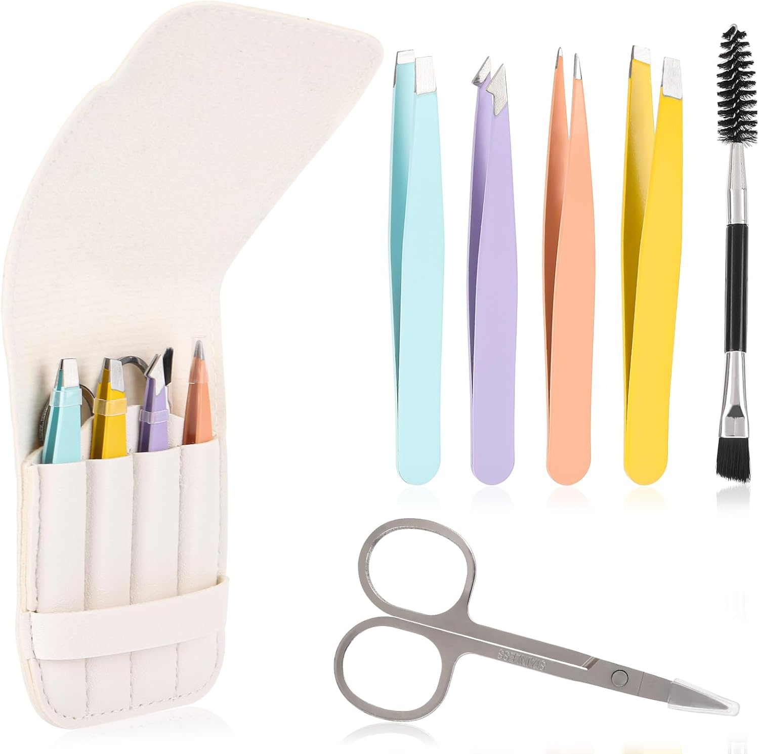 6Pcs Eyebrow Grooming Kit, Stainless Steel Eyebrow Tweezers (4 Types) + Eyebrow Brush + Eyebrow Scissors, Tweezers Set for Eyebrow Trimming, False Eyelashes and Daily Beauty Care image number 2