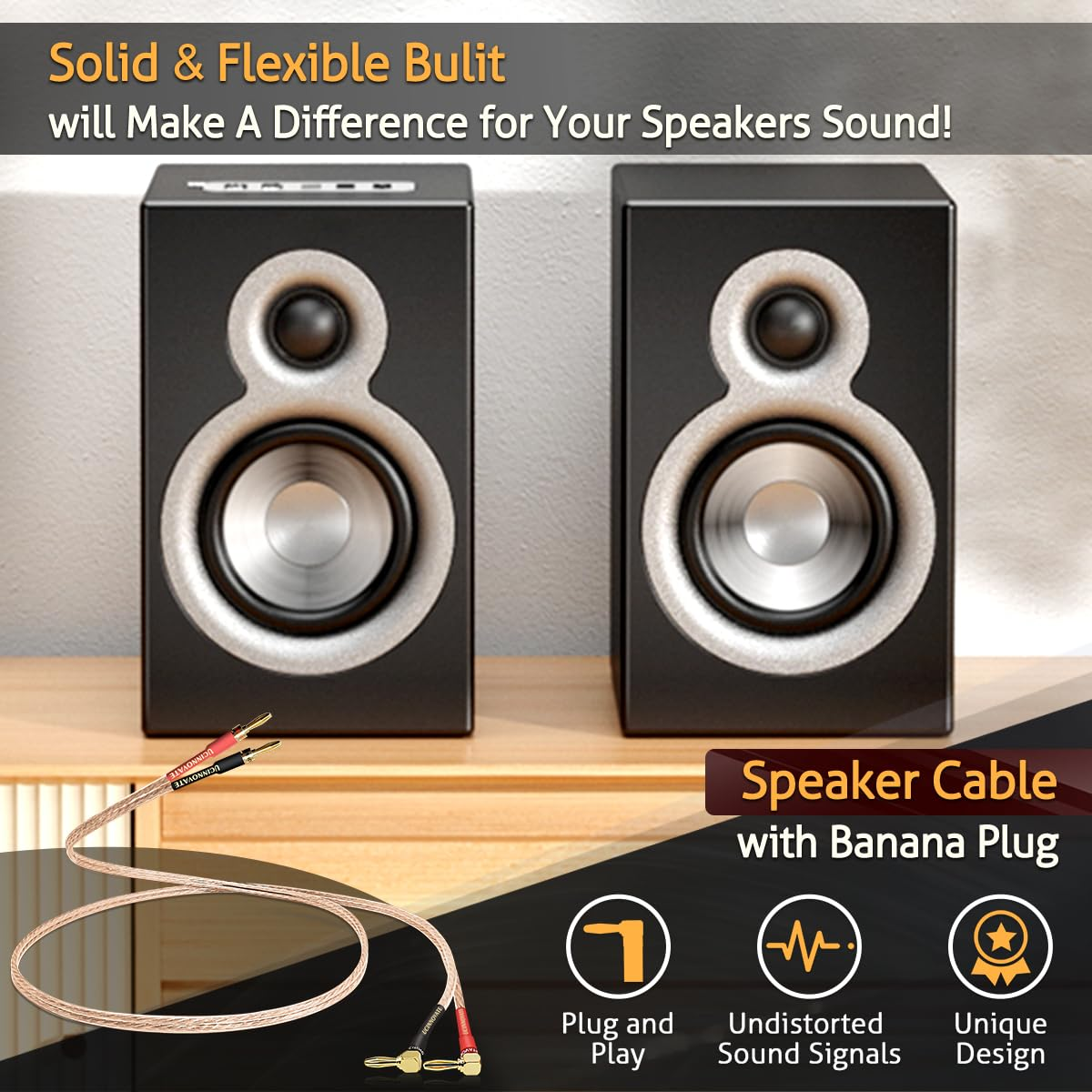 UCINNOVATE 2 Pack 13 AWG Speaker Cable with Banana Plugs, 2X 2M Hifi Speaker Wire with 4Mm Gold-Plated Right Angle Banana Plugs, Solid Audio Cable Speaker Cord for Audiophile Home Theater (2M/6.5Ft) image number 5
