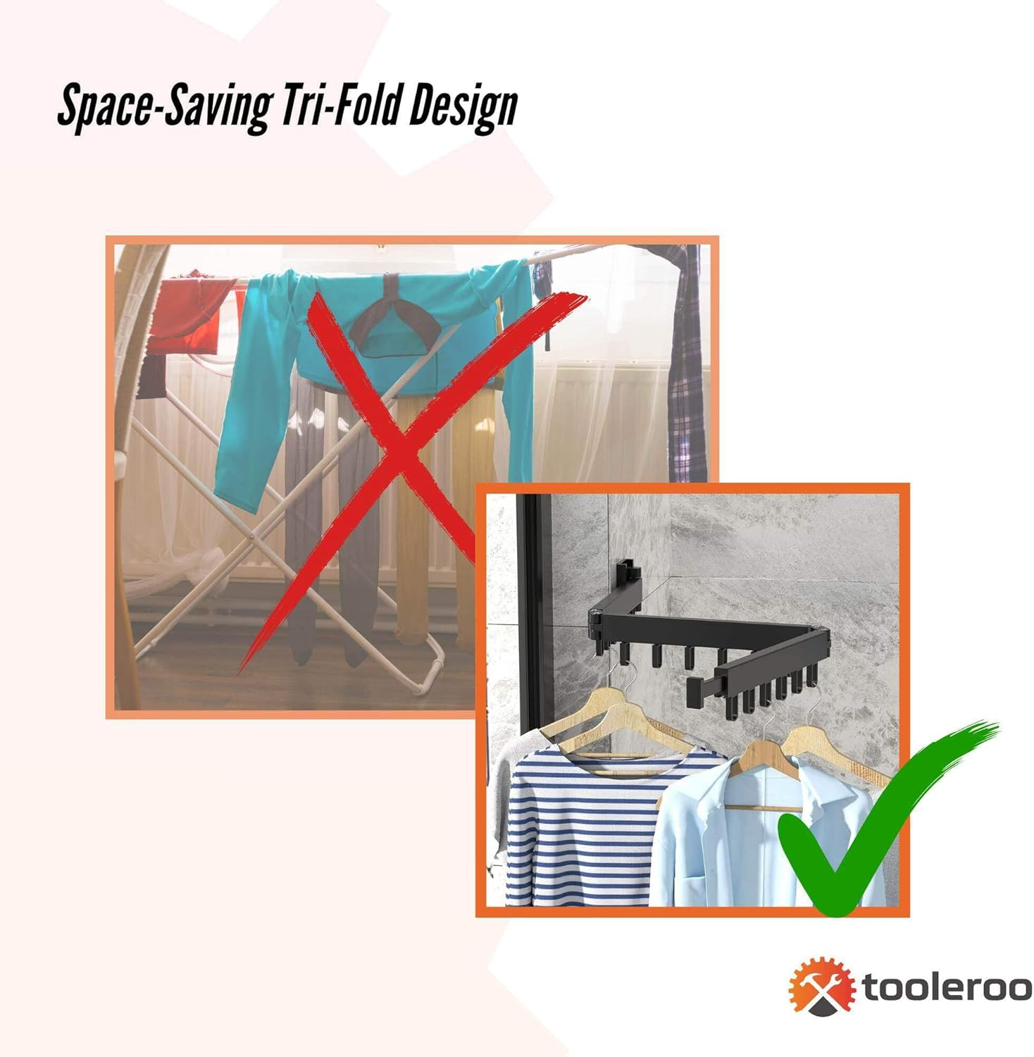 Tooleroo Clothes Drying Rack Tri-Fold Wall-Mount Space-Saving Laundry Hanger image number 1