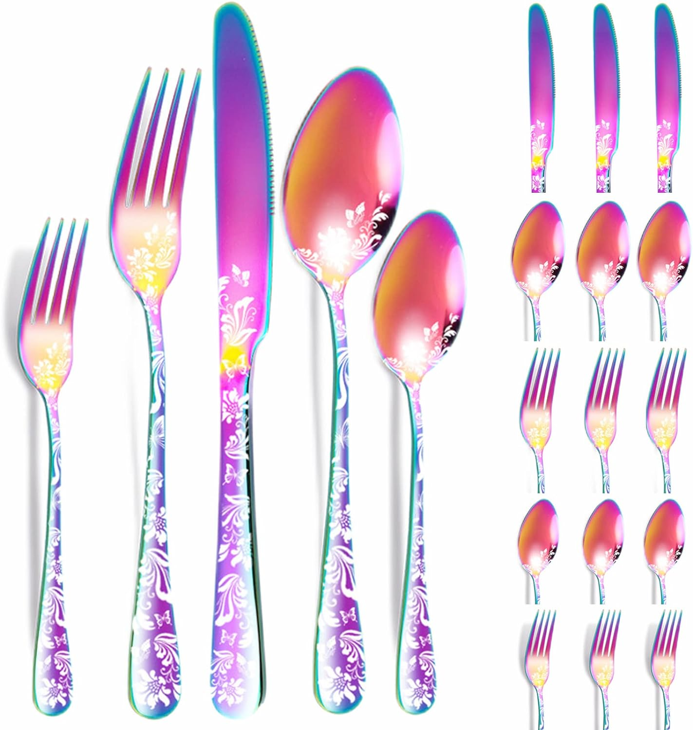 Vilihkc 20 Piece Unique Pattern Design Silverware Set, Stainless Steel Flatware Set Service for 4, Gold Cutlery Set, Mirror Polished Utensil Set for Kitchen, Dishwasher Safe