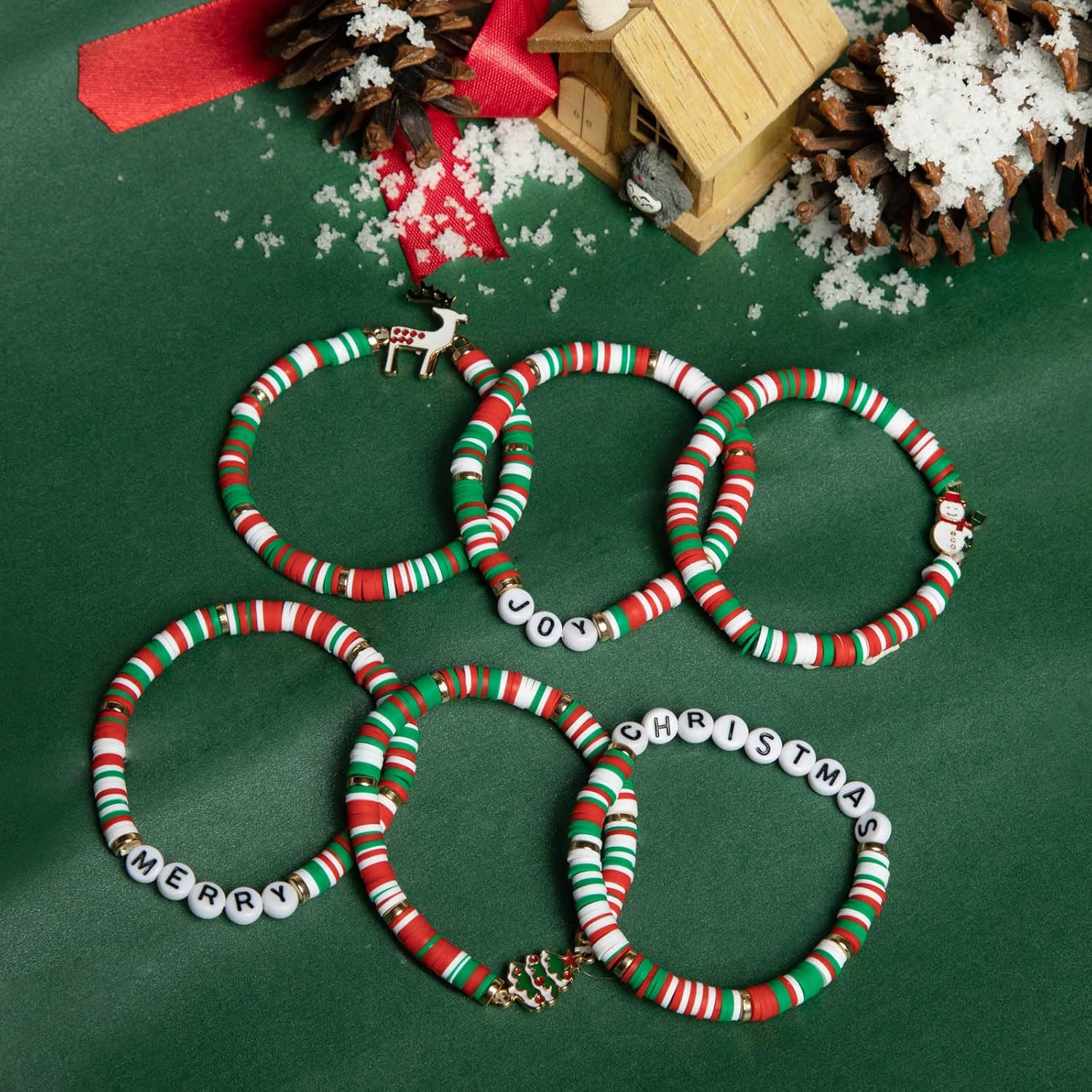 Artlunar 6 Pack Christmas Bracelets: Joy & Merry Candy-Style Stacks for Women & Teens - Perfect Christmas Gifts - Age 3 to Adult, 6 Pack, Bead, Bead image number 2
