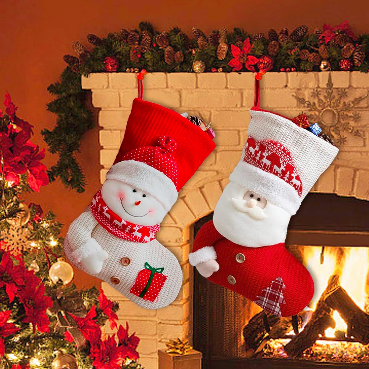 20 Inch Christmas Stockings Set, Large Personalized Christmas Stockings 2 Pack, Knitted Santa Snowman Socks 3D Pattern, Eve Candy Stocking Gifts Bag for for Holiday Xmas Party Decorations