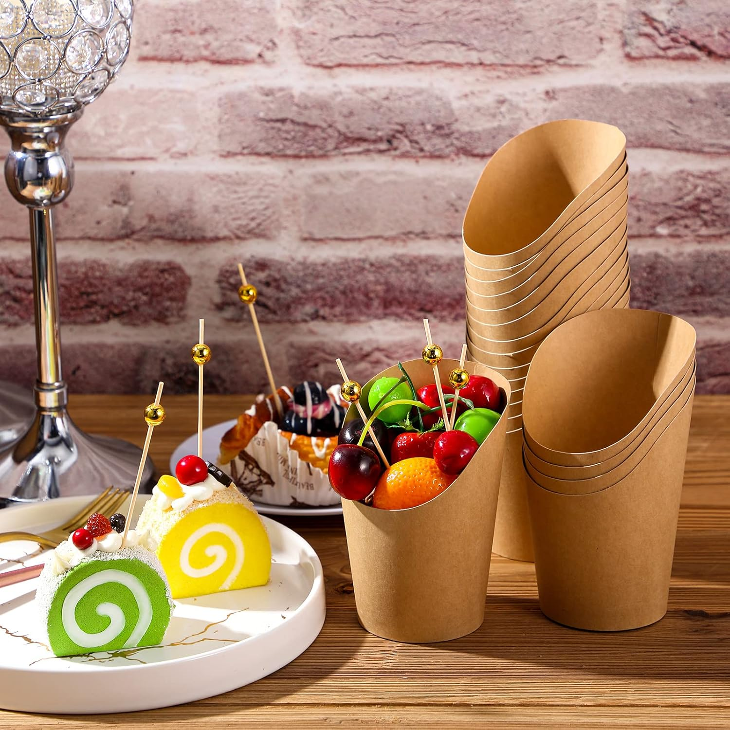 50 Pcs 14 Oz Disposable French Fries Cups Charcuterie Waffle Paper Popcorn Kraft Paper Boxes and 100 Pcs 4.7 Inch Wooden Cocktail Toothpicks Appetizers Fruits Dessert Sticks image number 6