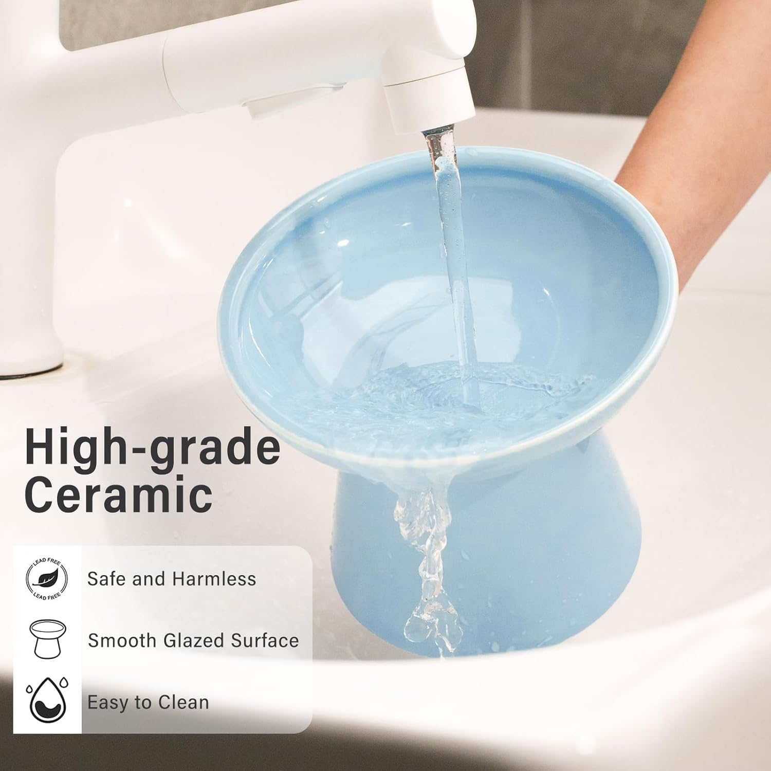 CEEFU Extra Wide Elevated Ceramic Cat Water Bowl - 6.2" Deeper Dish for Whisker Fatigue Relief, 5" Height for Easy Feeding, Lead & Cadmium Free, Durable Raised Cat Bowls, Blue image number 3