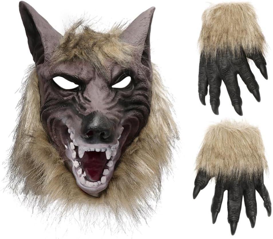 Alipis Wolf Halloween Masks, Realistic Wolf Head Mask and Claws, Horror Masks, Party Cosplay Costume, Dress up Mask, Unisex, AU Size