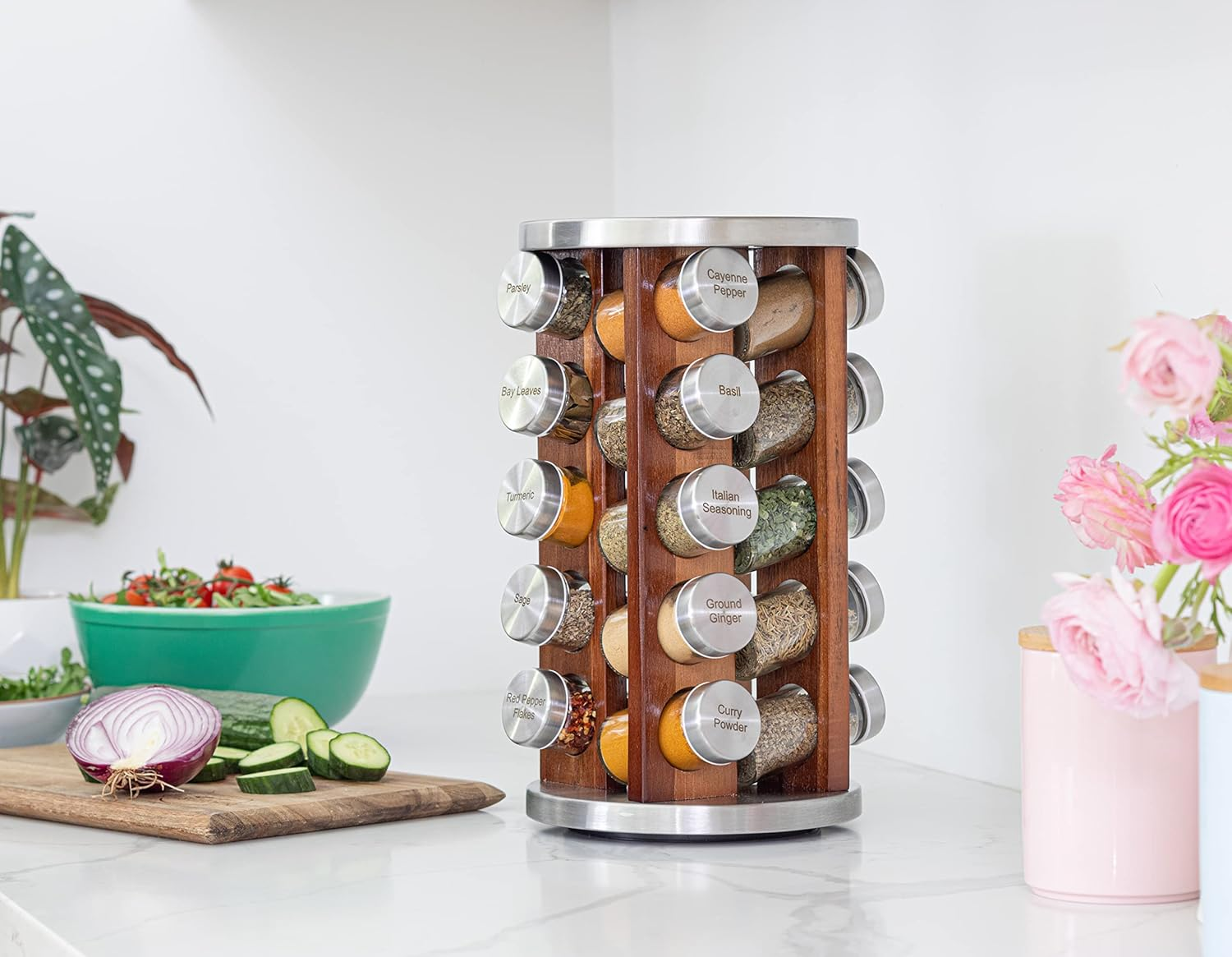 Orii 20 Jar Dark Acacia Wood Spice Rack with Spices Included - Rotating Tower Organizer for Kitchen Spices and Seasonings, Free Spice Refills for 5 Years (Dark Stained Acacia Wood)