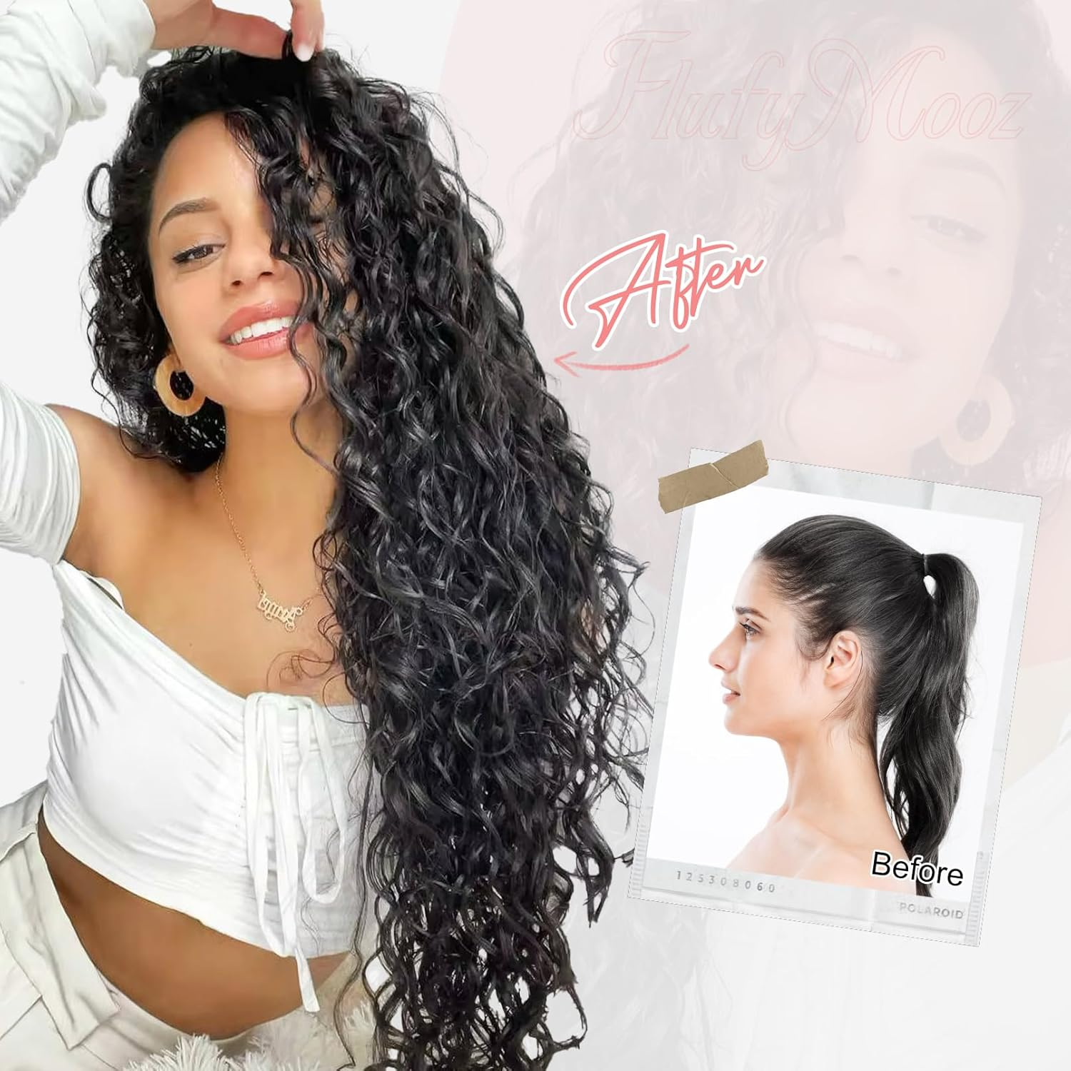 FLUFYMOOZ 9PCS Clip in Hair Extensions 22 Inch Curly Hair Extension Long Soft Synthetic Hairpieces for Women (Black Brown) image number 2