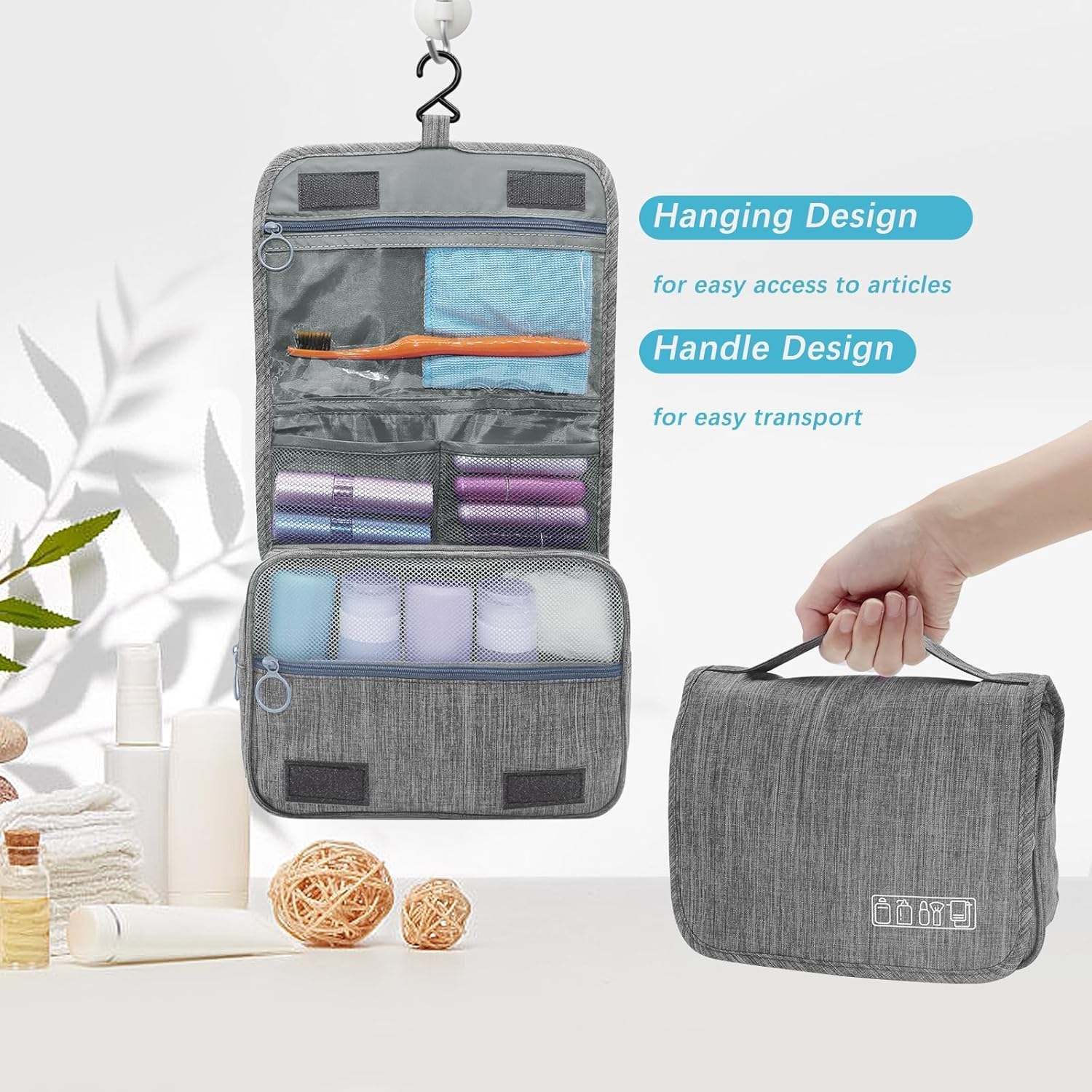 Hanging Toiletry Bag, Foldable Travel Toiletry Bag, Cosmetic Wash Bag with Zipper Carry Handle, Waterproof Makeup Bag Organizer Pouch for Men and Women Grey image number 2