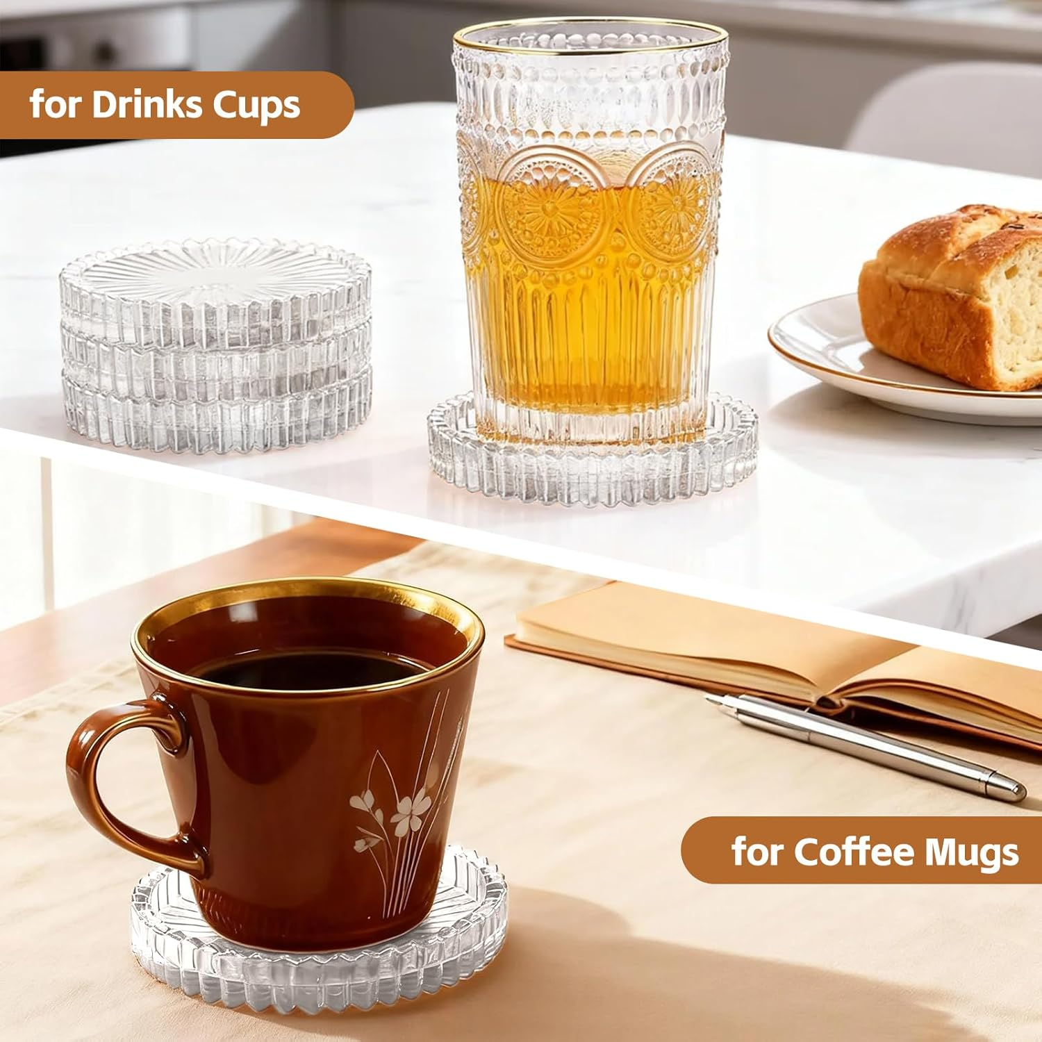 Delsol Drink Coasters Set of 5 for Coffee Table Decor, Glass Coasters for Drinks Cups Home Decor Products Housewarming Gifts Office Coffee Bar Accessories Dining Table (Clear) - Amber image number 2