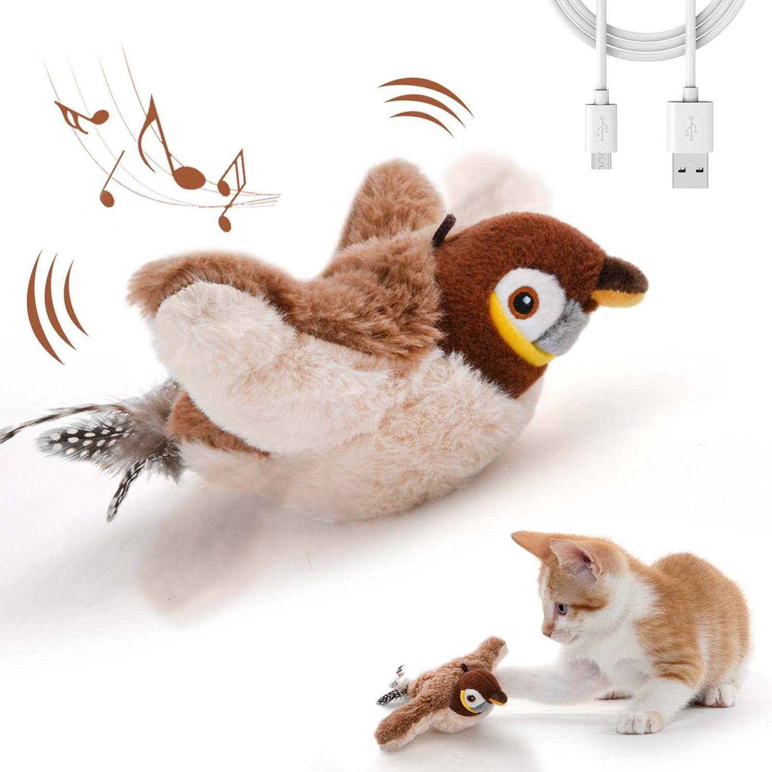 LIFLIX Interactive Cat Toys, Rechargeable Chirping Flapping Bird(No Flying) with Catnip for Indoor Cats, Plush Kitten Exercise Toys, Touch Activated (Brown Sparrow) image number 6