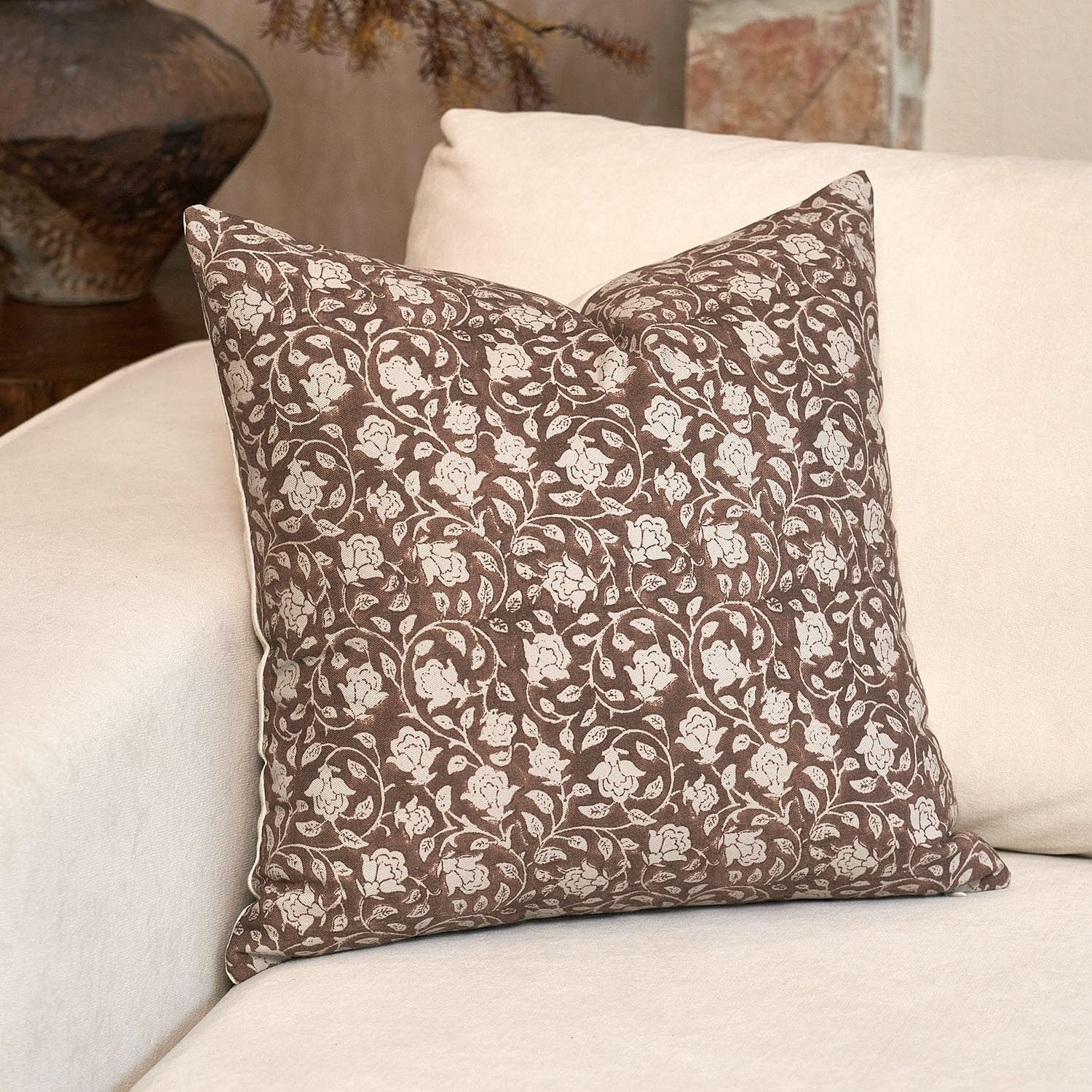 DOMVITUS Floral Pillow Covers 18X18, Throw Pillows for Couch, Block Print Pillow Cover, Decorative Neutral Accent Throw Pillow Covers for Living Room, 1PC, Brownish Orange