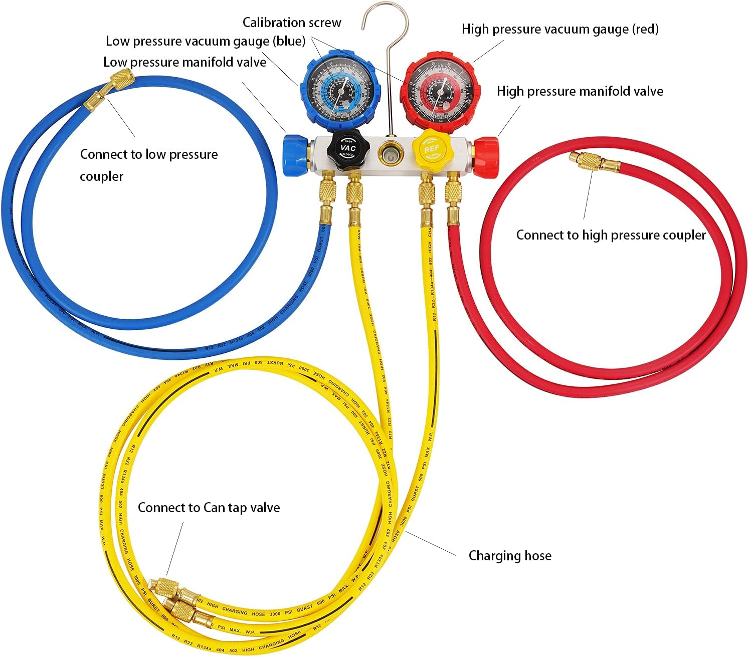 P PBAUTOS 4-Way A/C Diagnostic Manifold Gauge Set Refrigeration Machine for Vacuum Evacuation, Fits R410A, R22, R134A, R404A Refrigerants with Hoses, Couplers and Can Tap image number 5