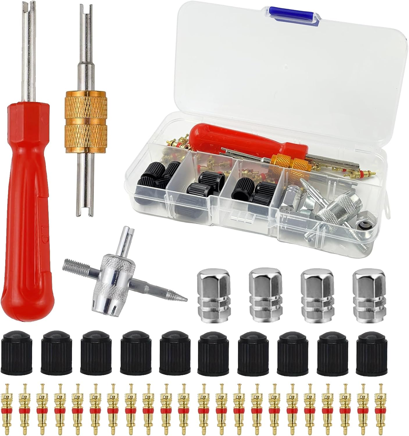 FENGRUI 37 Pcs Car Tyre Valve Removal Tool Set,4-Wayvalve Tool | 10 Pcs Tirevalve Caps | 20Pcs Valvecores Tyre Valve Repair Kit Dual & Single Headvalve Core Remover for Car Bicycle Auto image number 2