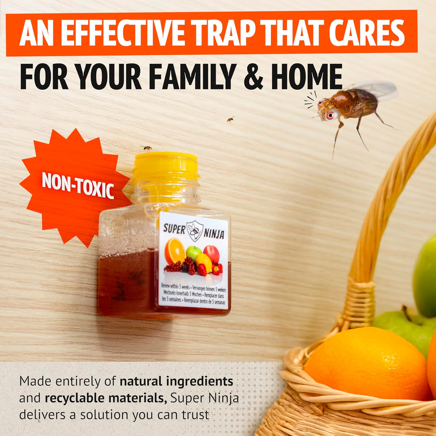Super Ninja Fruit Fly Trap - 12 Pack, Highly Effective Fruit Fly Trap for Indoors, Home & Kitchen, up to 3 Weeks of Performance per Bottle, Kid & Pet Friendly image number 4