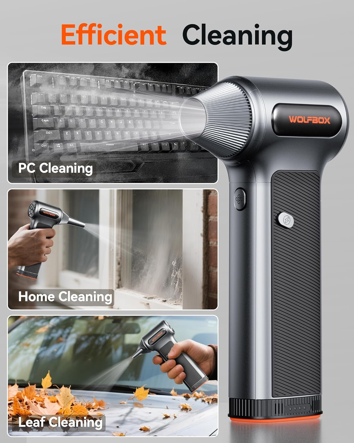 WOLFBOX MF200 Electric Air Duster with Removable Battery, Super Power Cordless Blower - 3-Speed Adjustable, Long Life Mini Air Duster with 4 Nozzles for Computer Keyboard, Car Cleaning, Outdoor Use
