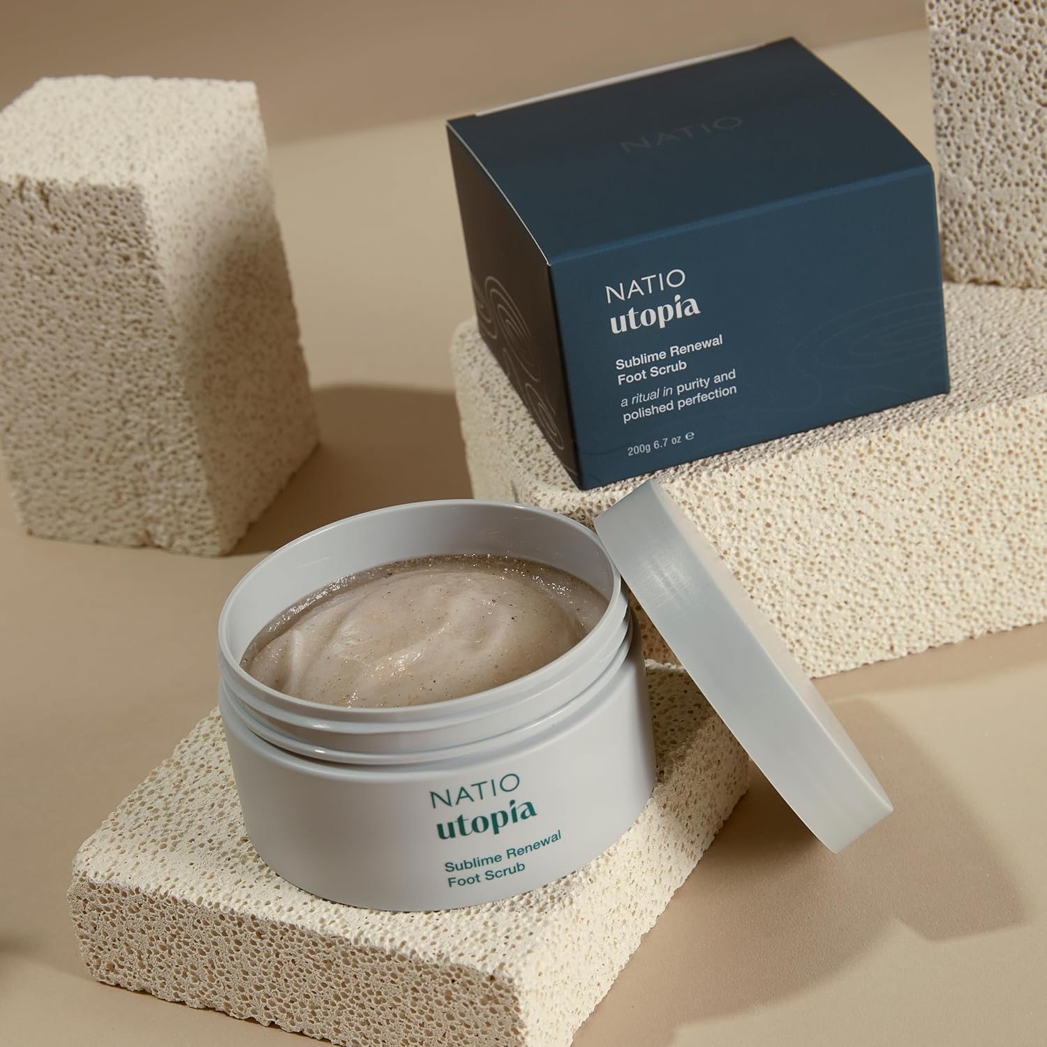 Natio Australia Utopia Sublime Renewal Foot Scrub - Pumice, Olive Oil, Coconut, Peppermint, Orange, Grapefruit & Rosemary - Vegan Friendly & Made in Australia image number 2