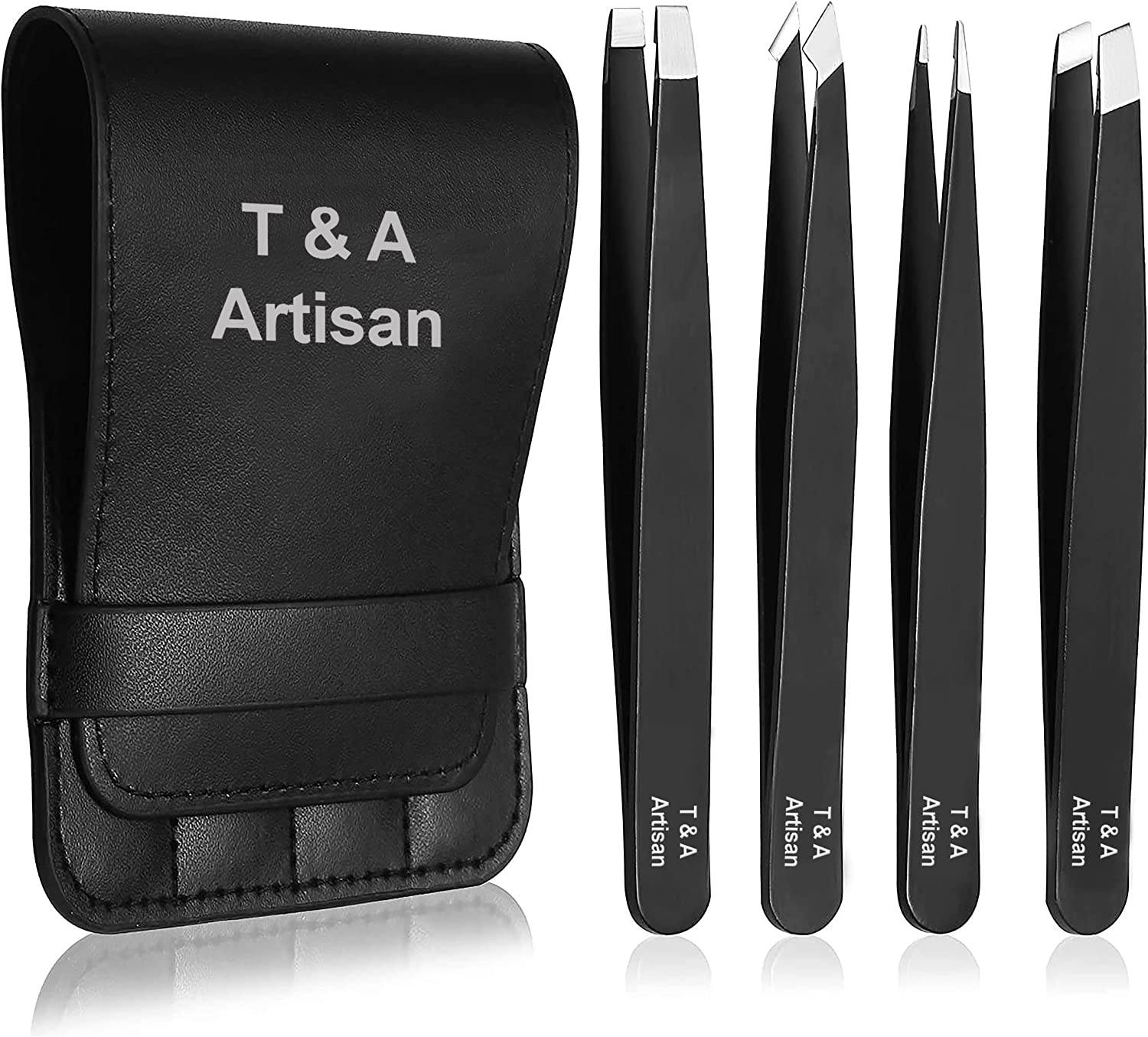 T&A Artisan 4-Piece Professional Precision Tweezer Set - Stainless Steel, Black