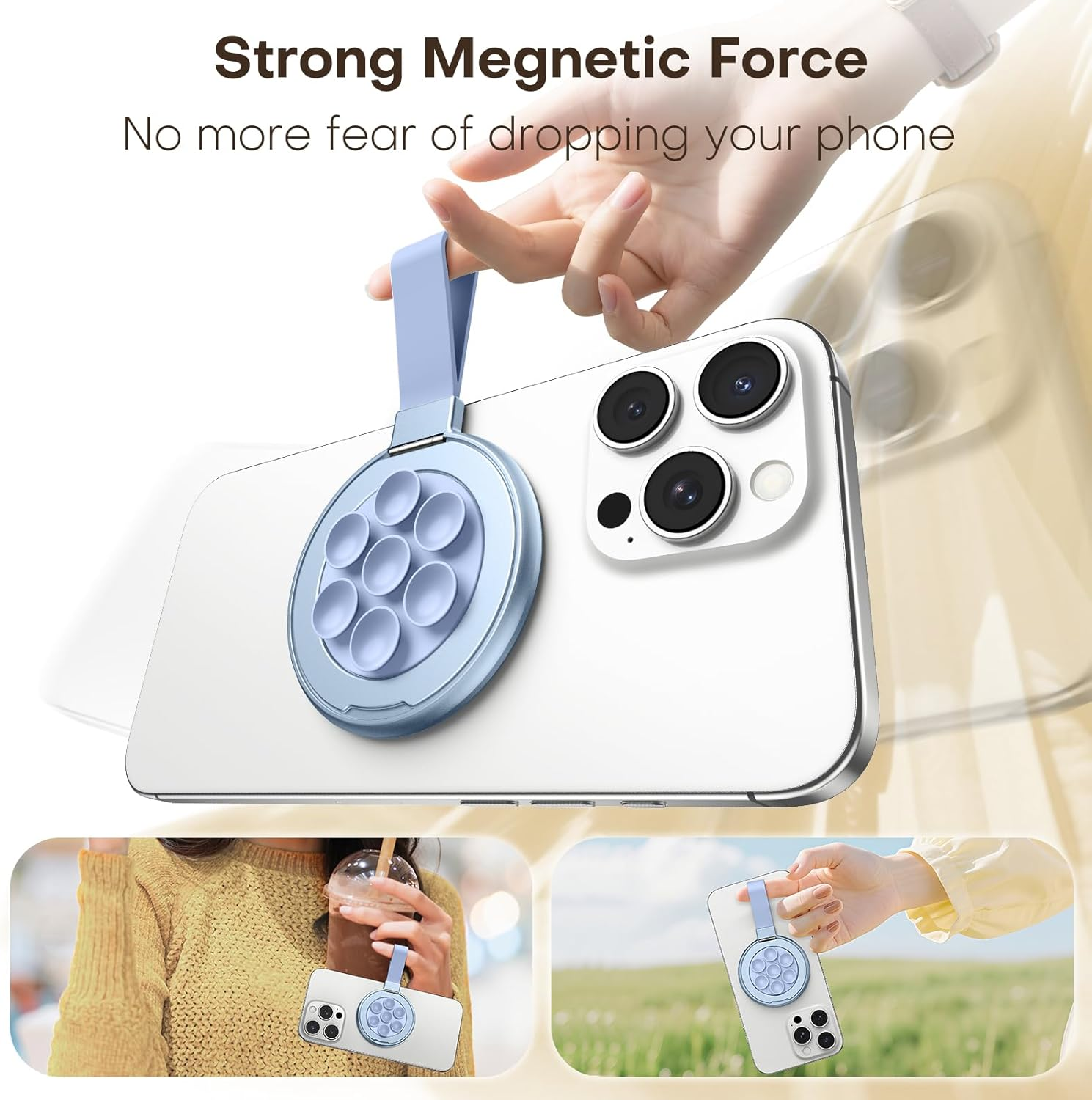 TAURI Magnetic Phone Grip Accessories Holder with Stand, Compatible with Magsafe, Double-Side Design, Silicone Back Suction Cup for Glass and Smooth Surface, Hands-Free for Selfies and Videos - Sky