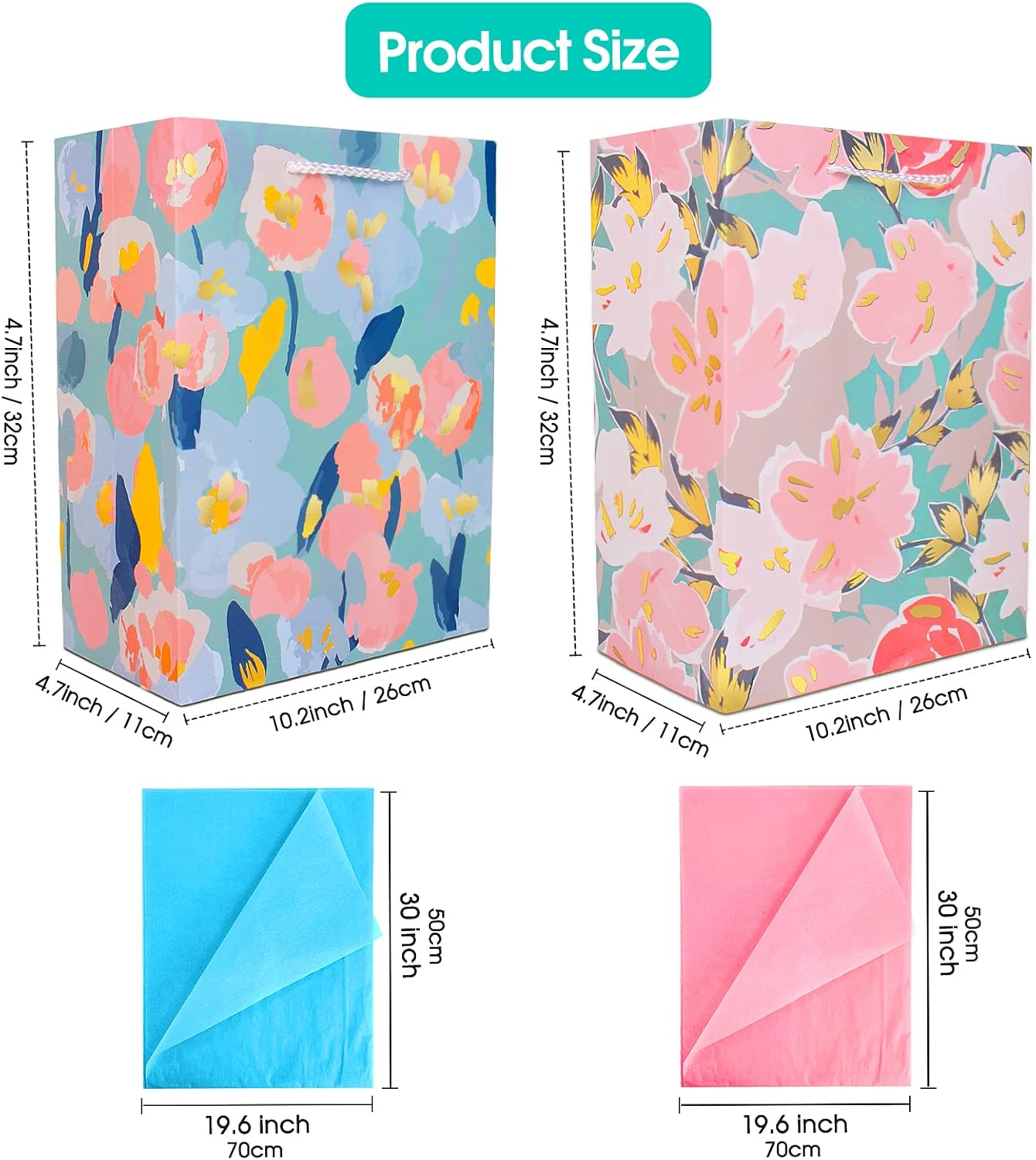 Gift Bag for Women Girl Her,Large Gift Bag with Tissue Paper,Elegant Birthday Gift Bag with Flower Foil Gold Marking,Big Gift Bag Birthday Gift Wrap Bag,Birthday Bag Present Bag for Birthdays Mother'S Day Bridal Shower Wedding Retirement Anniversarie Engagement Any Occasion - Turquoise,Pink image number 2